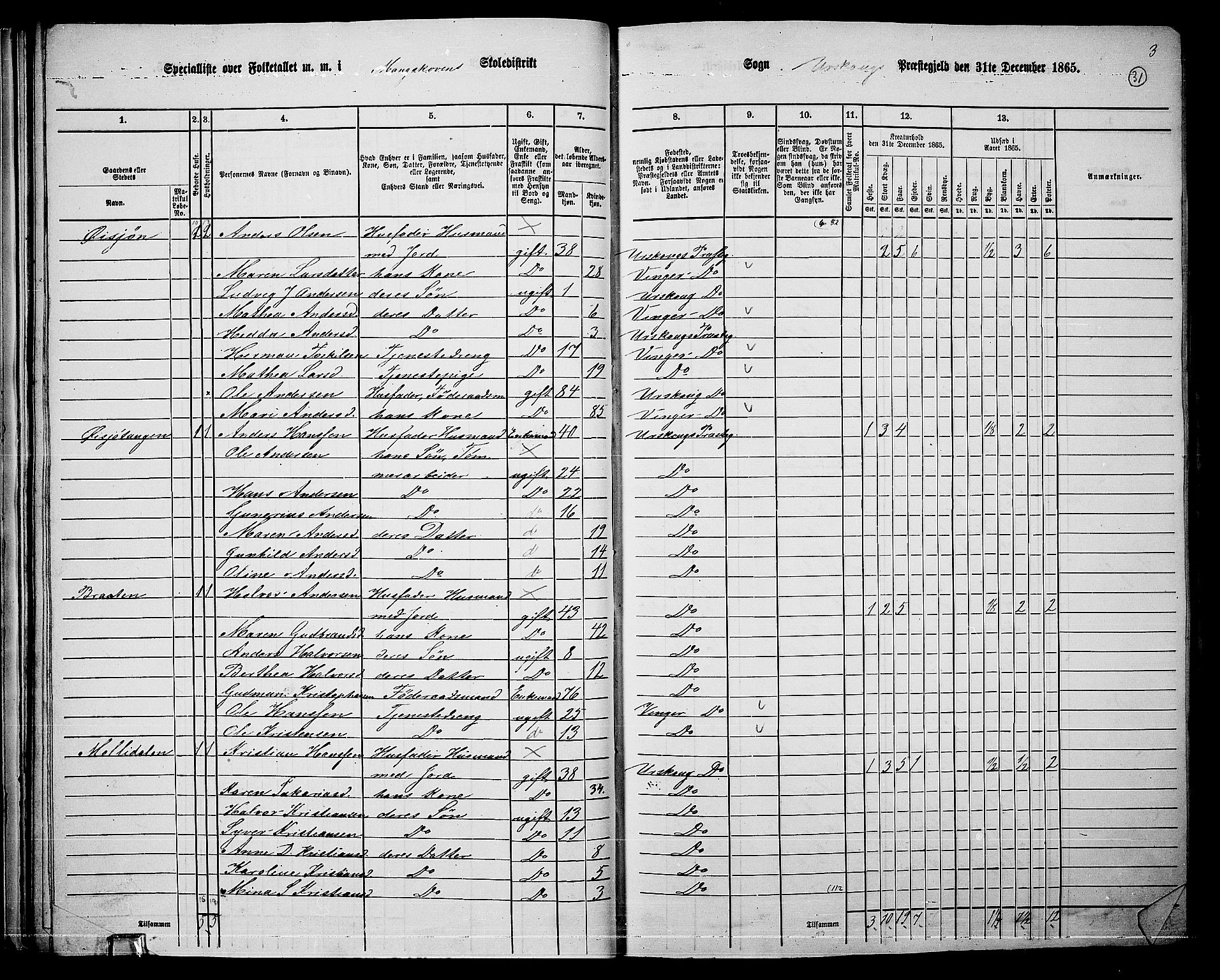 RA, 1865 census for Aurskog, 1865, p. 30