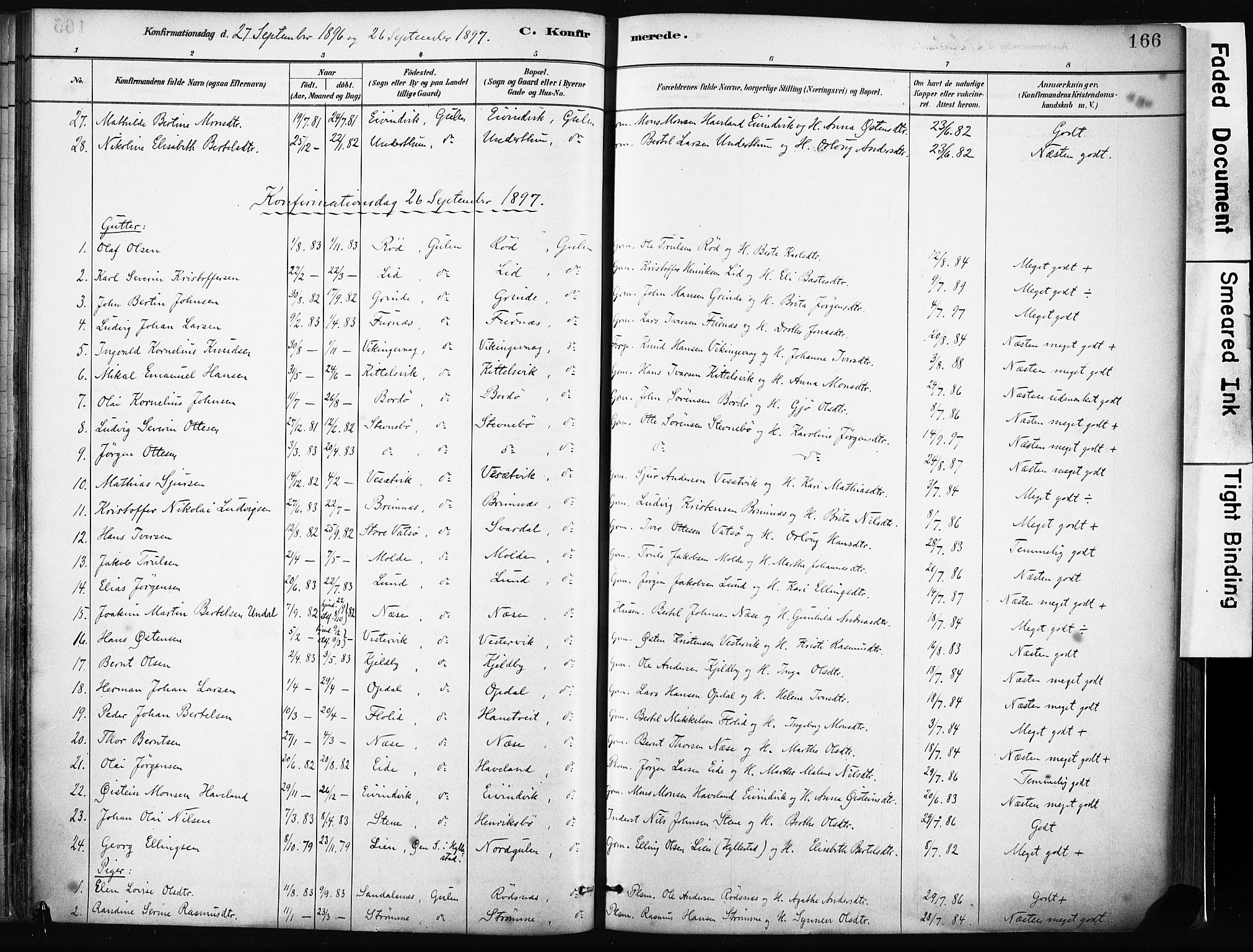 Gulen sokneprestembete, SAB/A-80201/H/Haa/Haab/L0001: Parish register (official) no. B 1, 1881-1905, p. 166