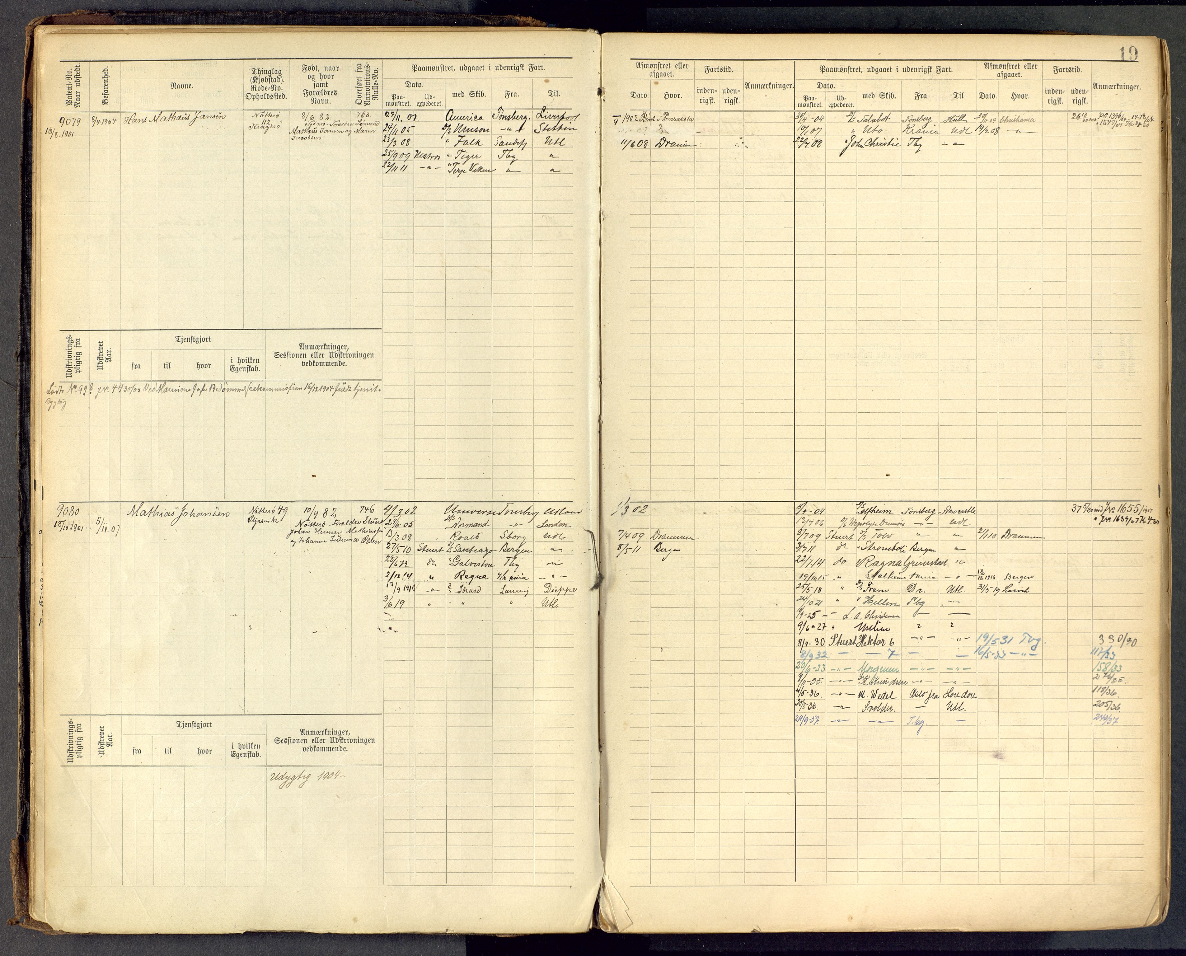 Tønsberg innrulleringskontor, AV/SAKO-A-786/F/Fc/Fcb/L0009: Hovedrulle Patent nr. 9043-9992, 1900-1921, p. 19