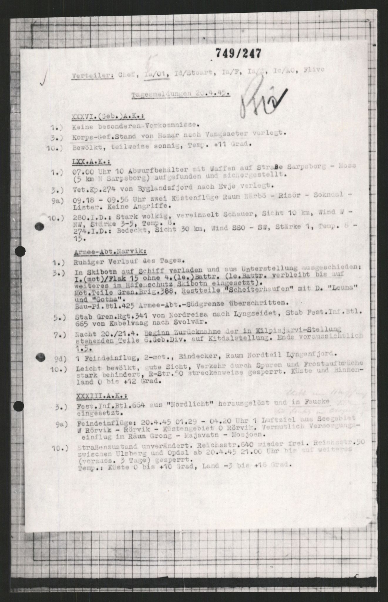 Forsvarets Overkommando. 2 kontor. Arkiv 11.4. Spredte tyske arkivsaker, AV/RA-RAFA-7031/D/Dar/Dara/L0009: Krigsdagbøker for 20. Gebirgs-Armee-Oberkommando (AOK 20), 1940-1945, p. 350