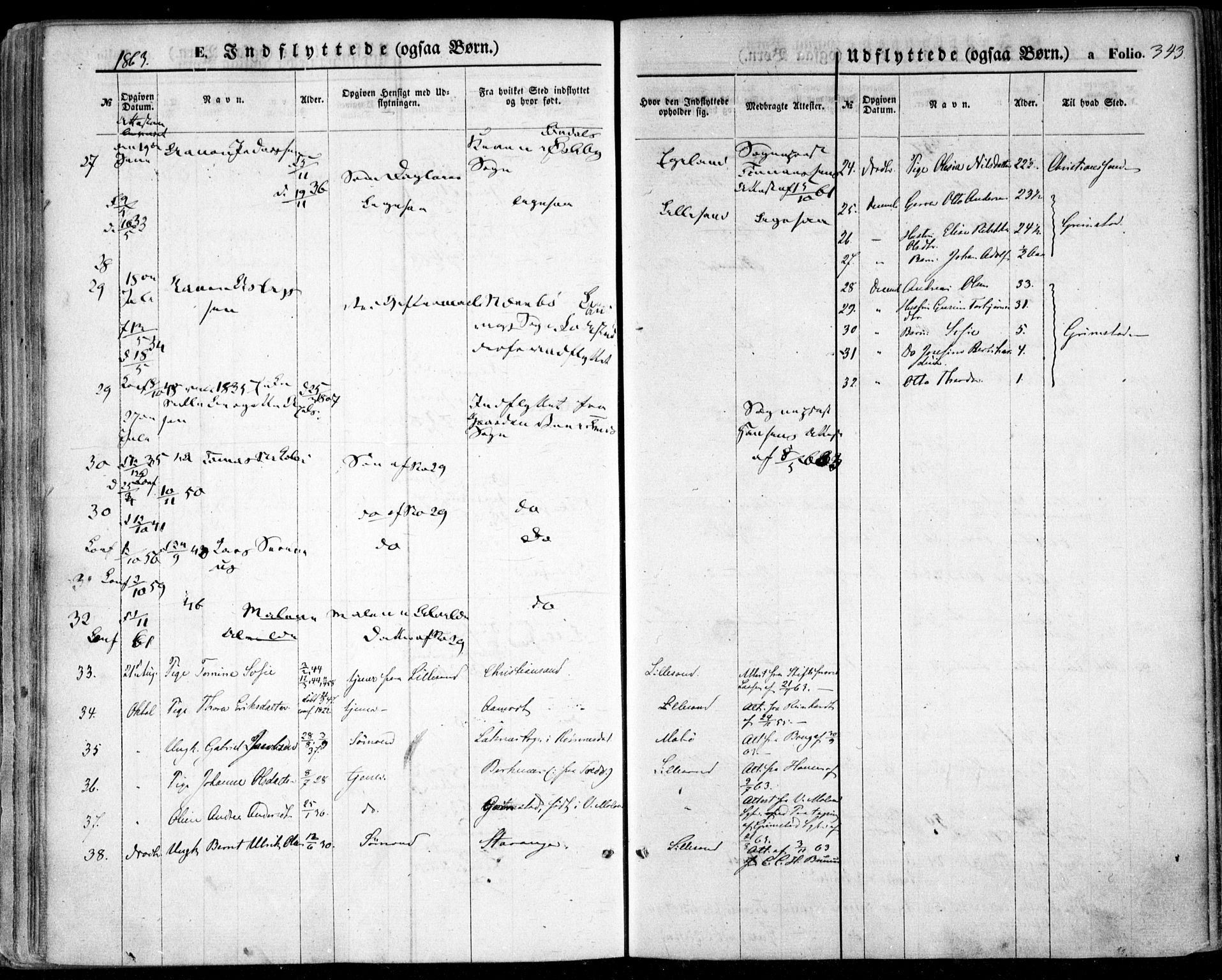 Vestre Moland sokneprestkontor, SAK/1111-0046/F/Fa/Fab/L0007: Parish register (official) no. A 7, 1859-1872, p. 343