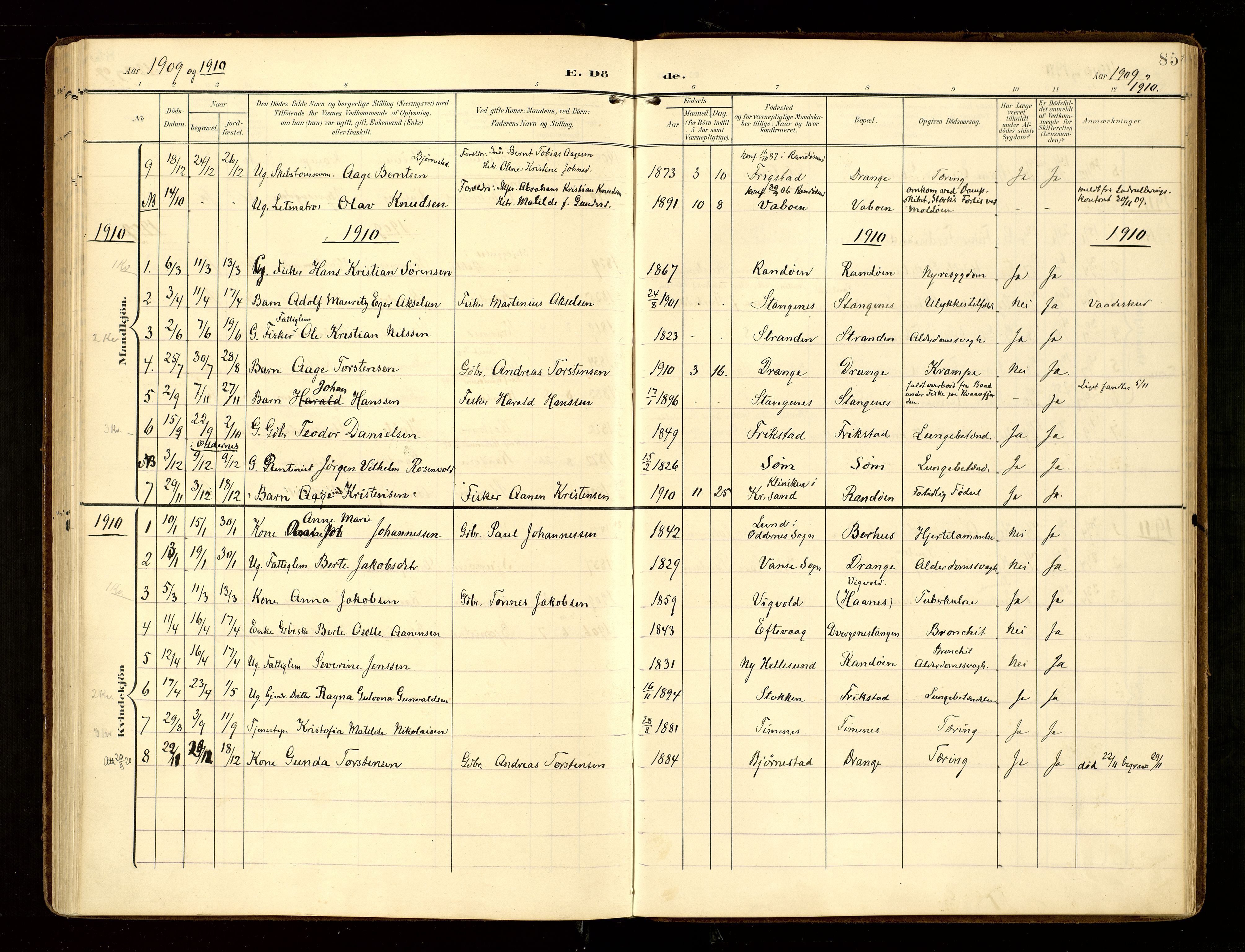 Oddernes sokneprestkontor, AV/SAK-1111-0033/F/Fa/Fab/L0003: Parish register (official) no. A 3, 1903-1916, p. 85