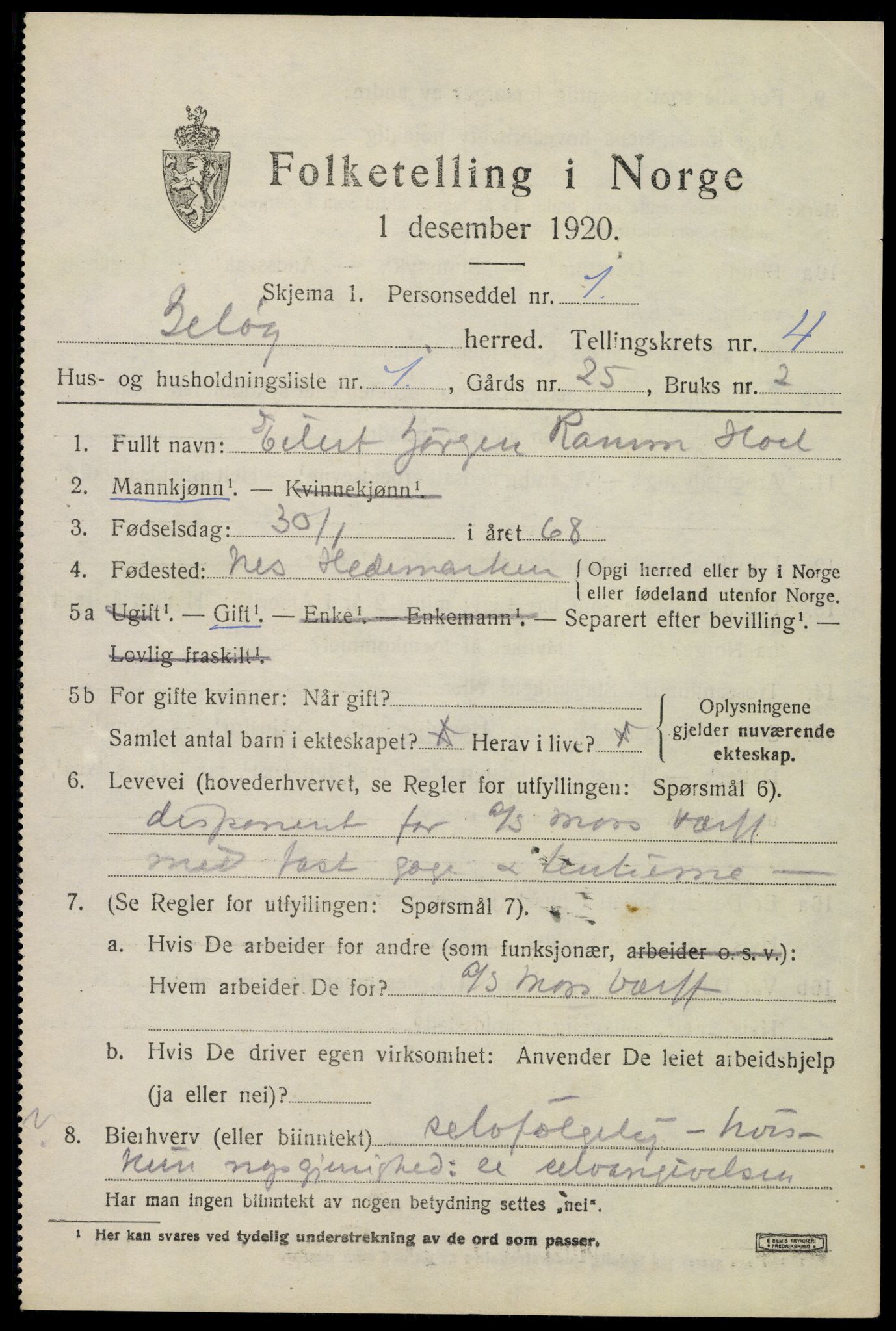 SAO, 1920 census for Moss land district, 1920, p. 4803