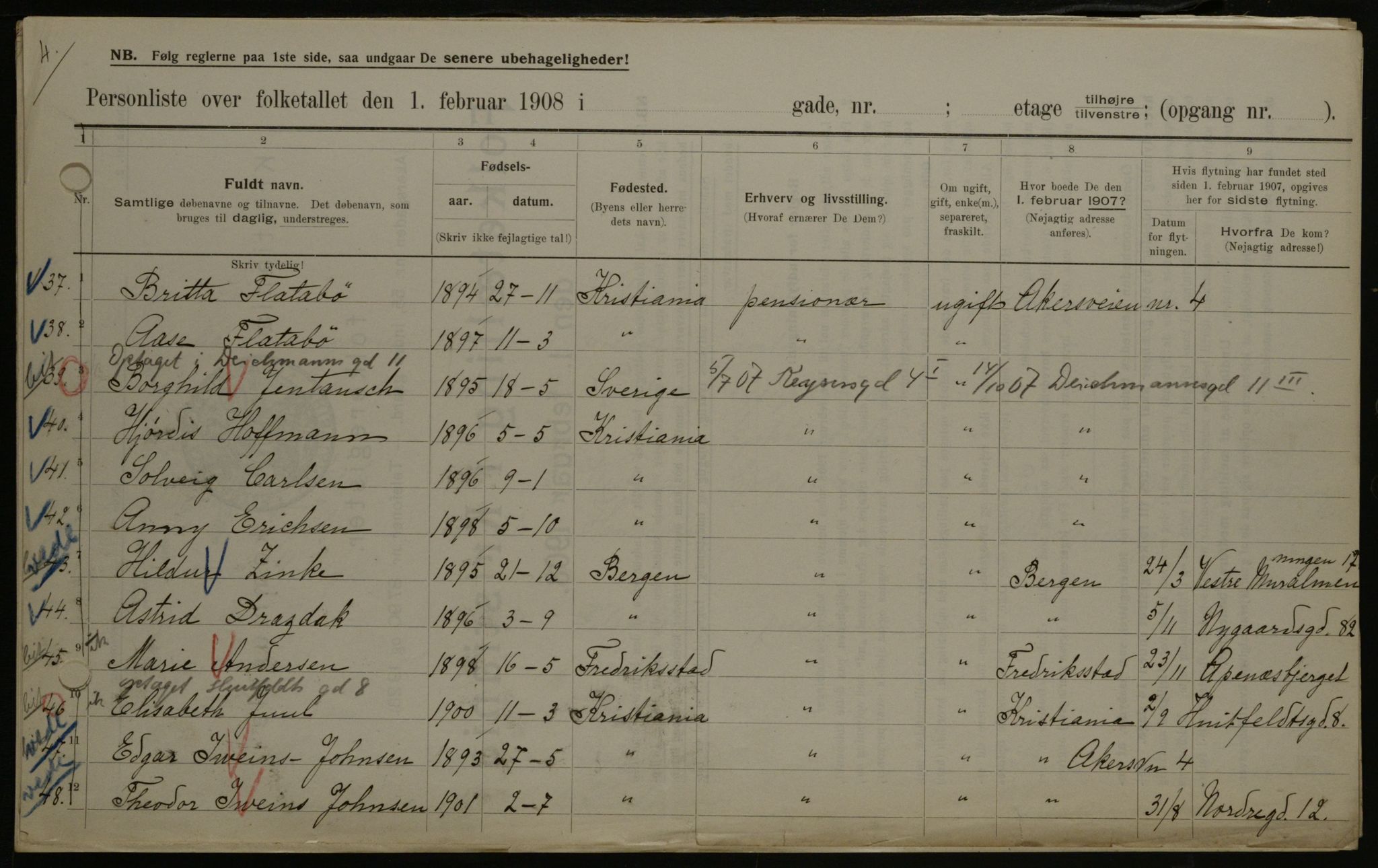 OBA, Municipal Census 1908 for Kristiania, 1908, p. 1011