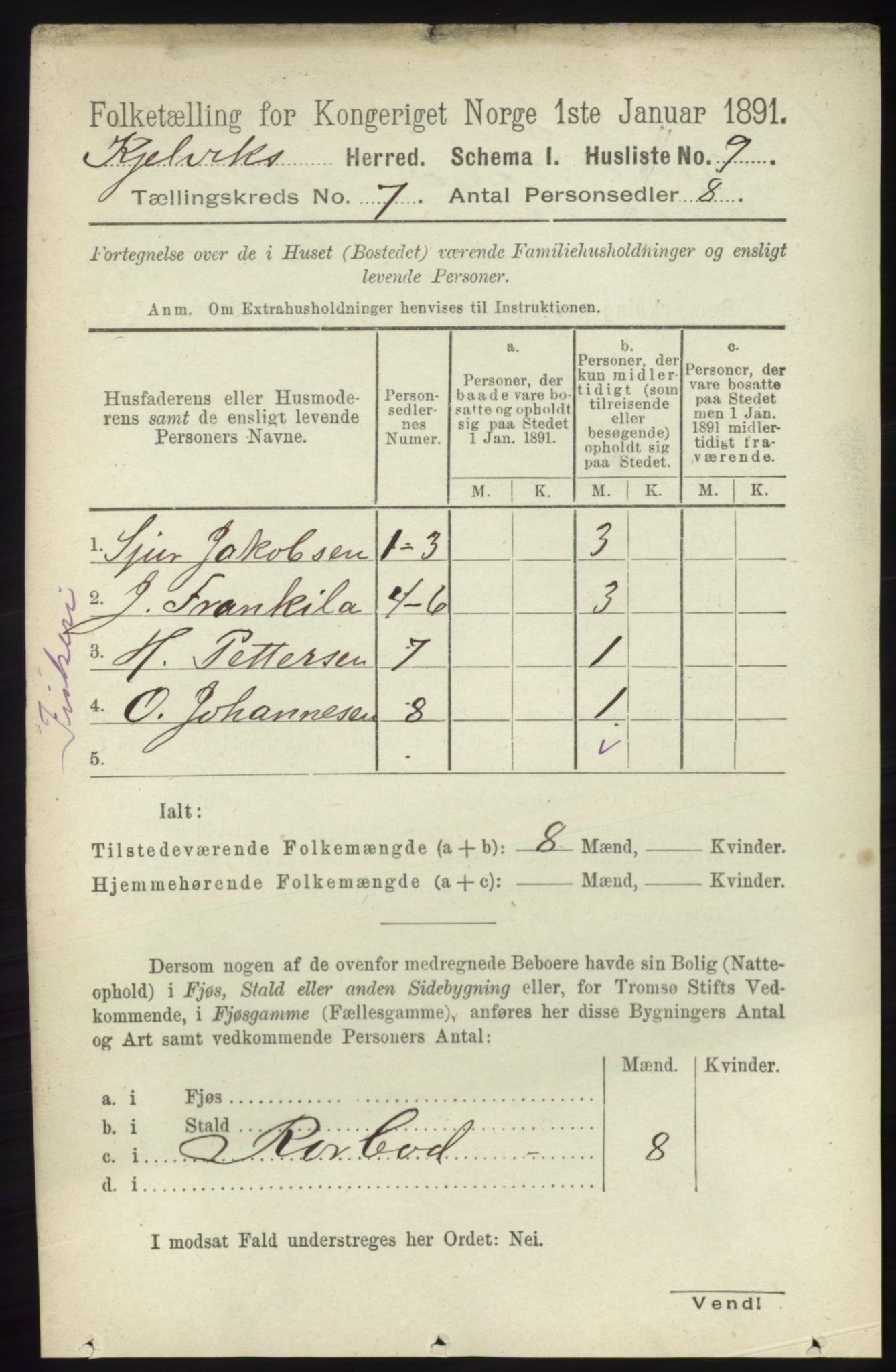 RA, 1891 census for 2019 Kjelvik, 1891, p. 854