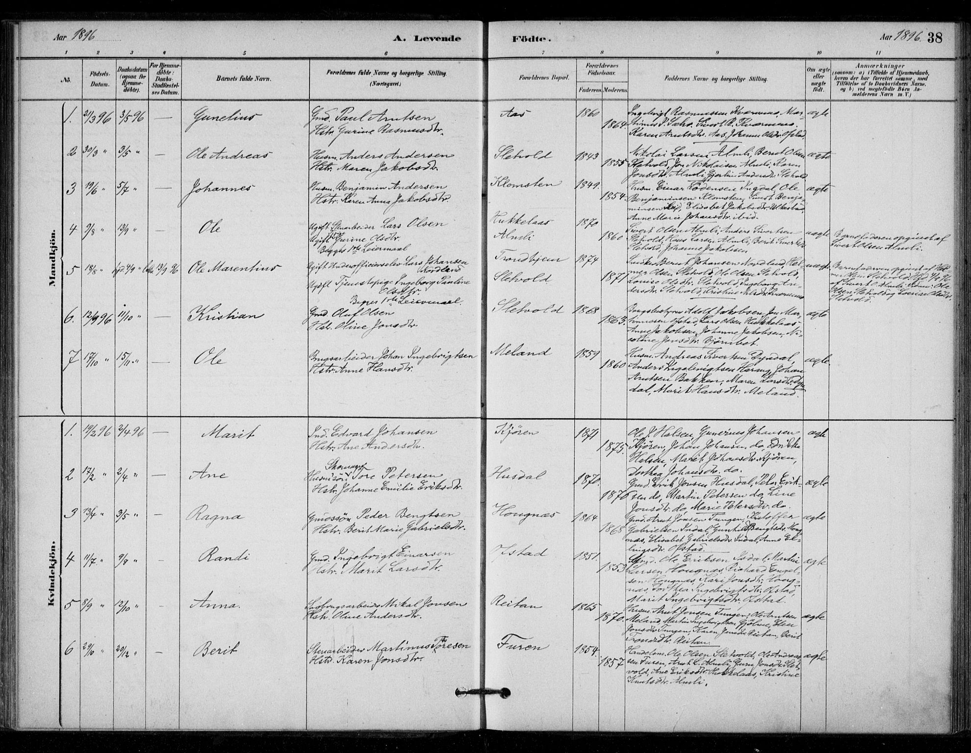 Ministerialprotokoller, klokkerbøker og fødselsregistre - Sør-Trøndelag, SAT/A-1456/670/L0836: Parish register (official) no. 670A01, 1879-1904, p. 38