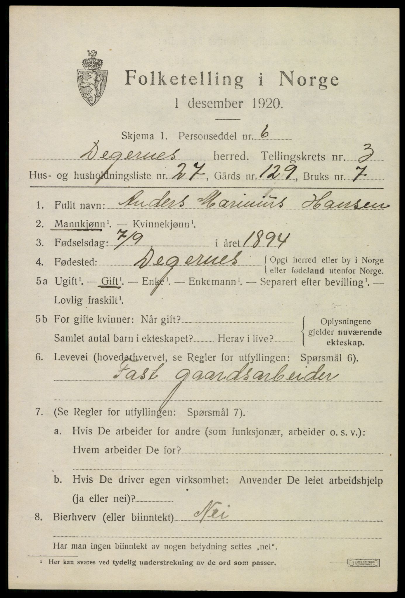 SAO, 1920 census for Degernes, 1920, p. 2324