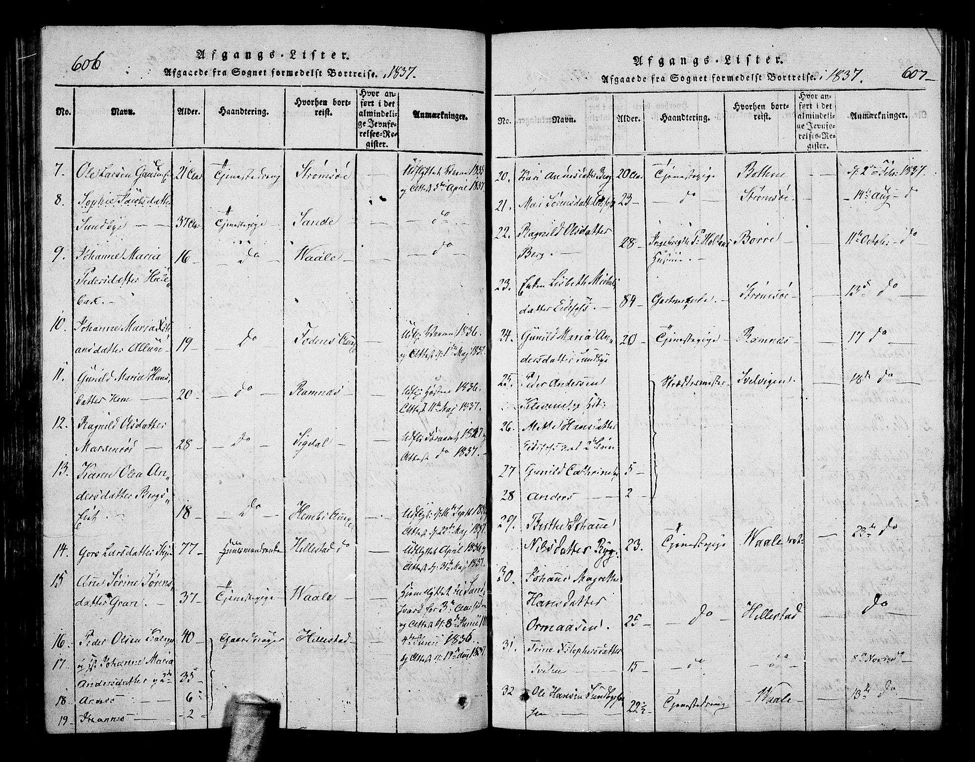 Hof kirkebøker, AV/SAKO-A-64/F/Fa/L0004: Parish register (official) no. I 4, 1814-1843, p. 606-607