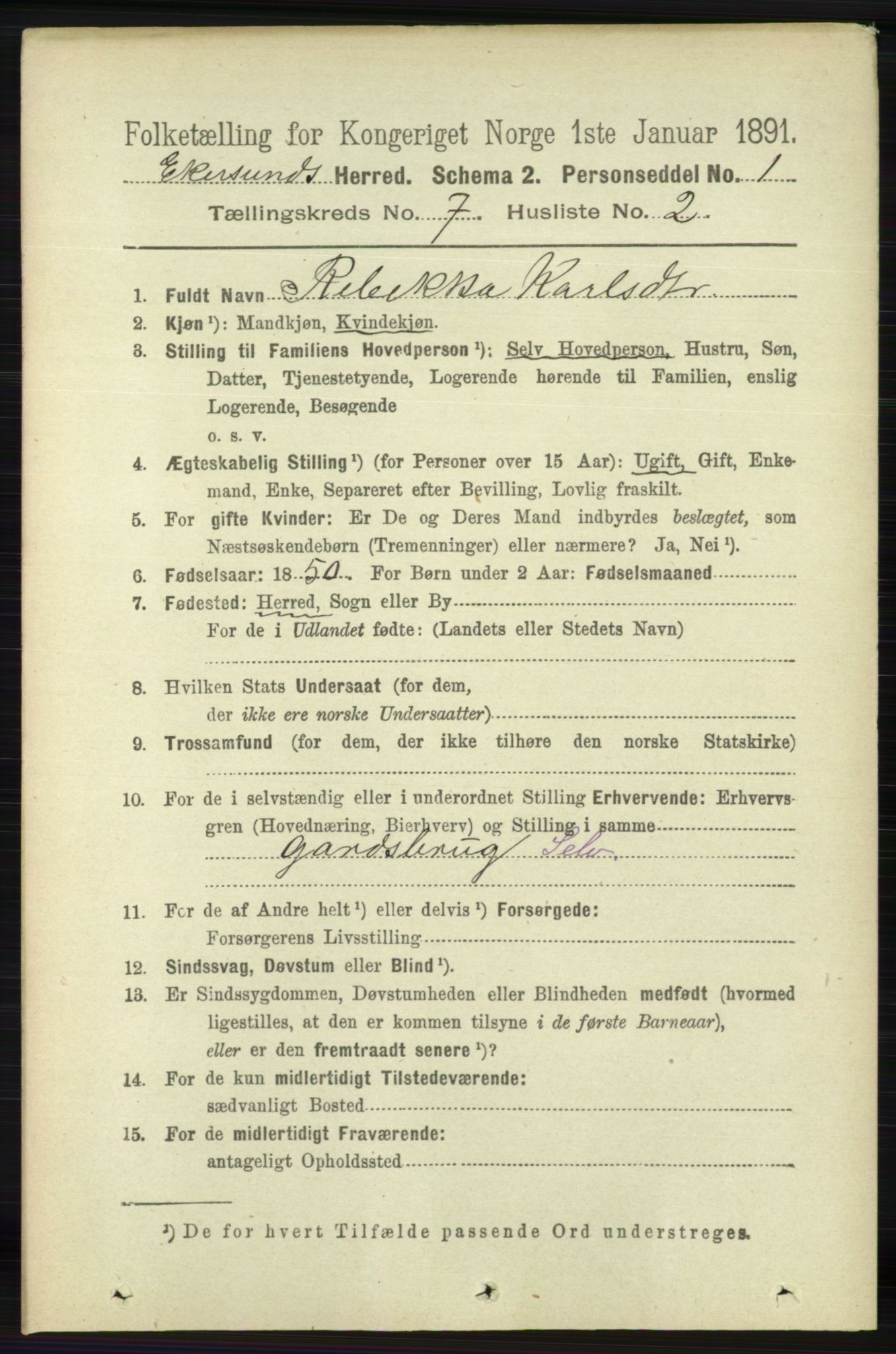 RA, 1891 census for 1116 Eigersund herred, 1891, p. 2838