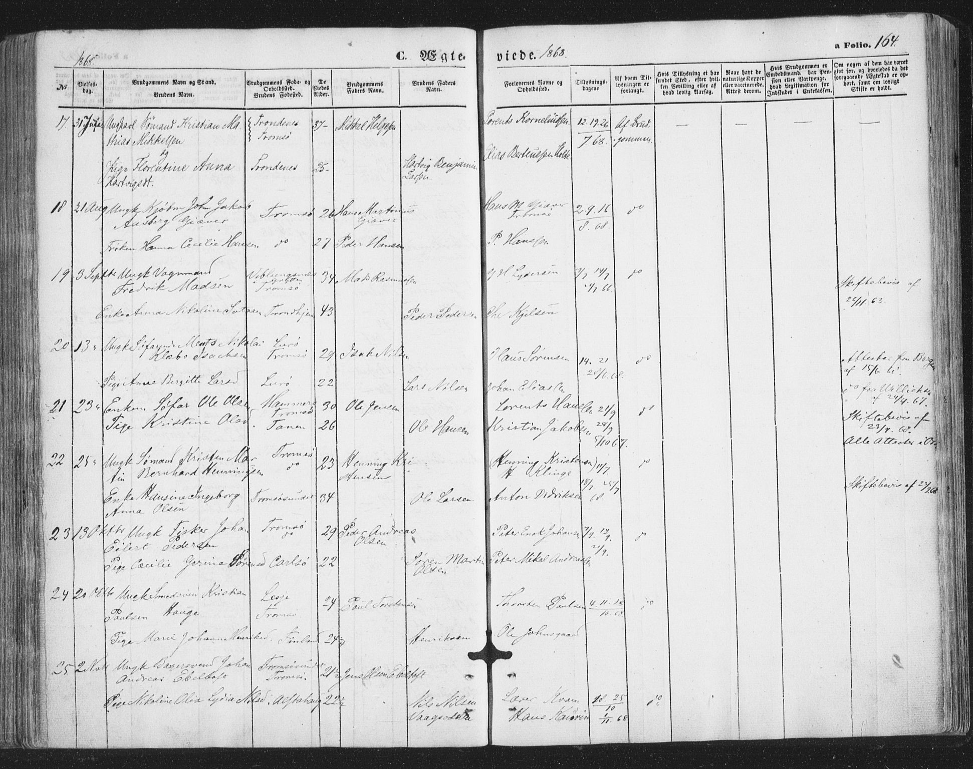 Tromsø sokneprestkontor/stiftsprosti/domprosti, SATØ/S-1343/G/Ga/L0012kirke: Parish register (official) no. 12, 1865-1871, p. 164