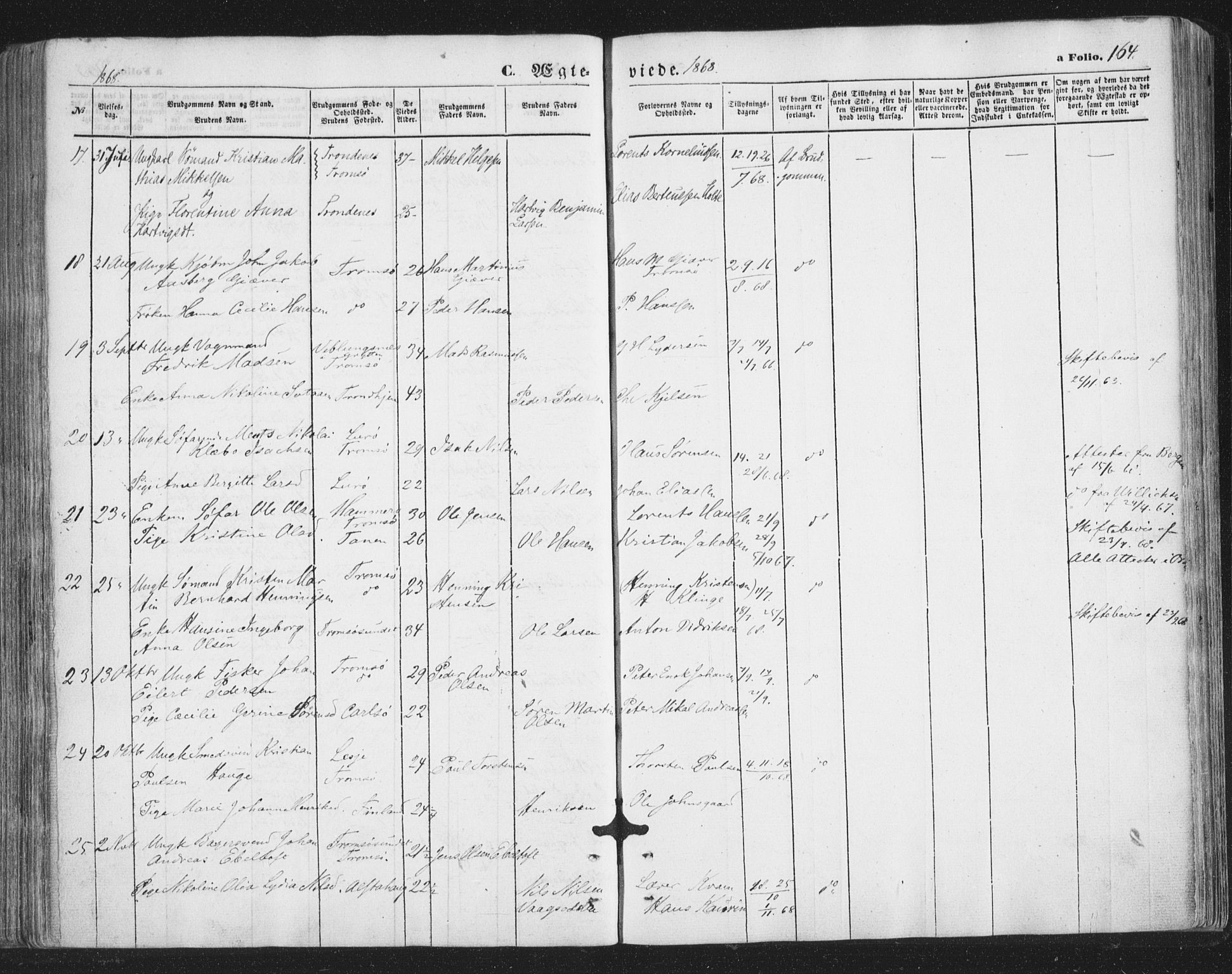 Tromsø sokneprestkontor/stiftsprosti/domprosti, AV/SATØ-S-1343/G/Ga/L0012kirke: Parish register (official) no. 12, 1865-1871, p. 164