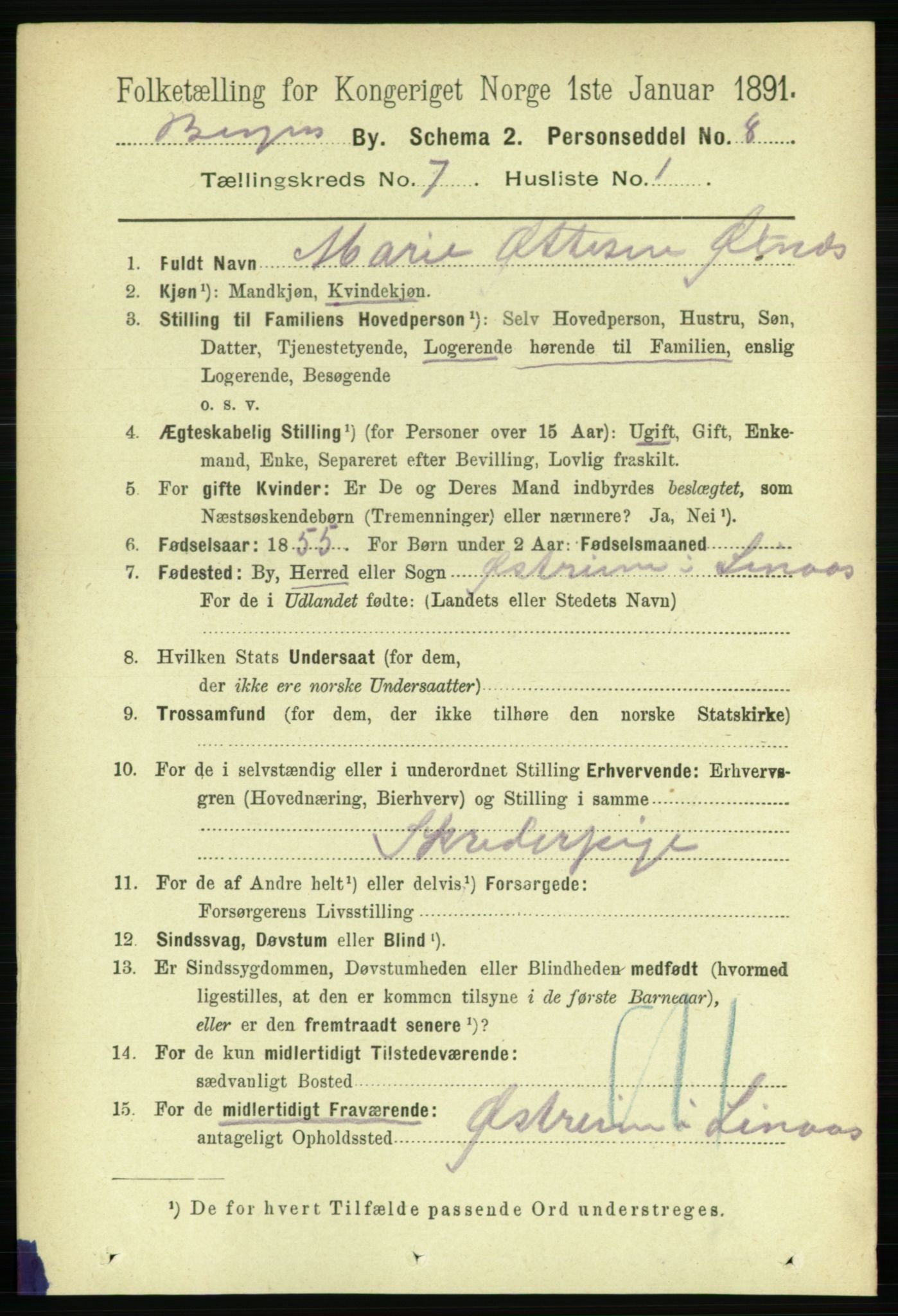 RA, 1891 Census for 1301 Bergen, 1891, p. 15722