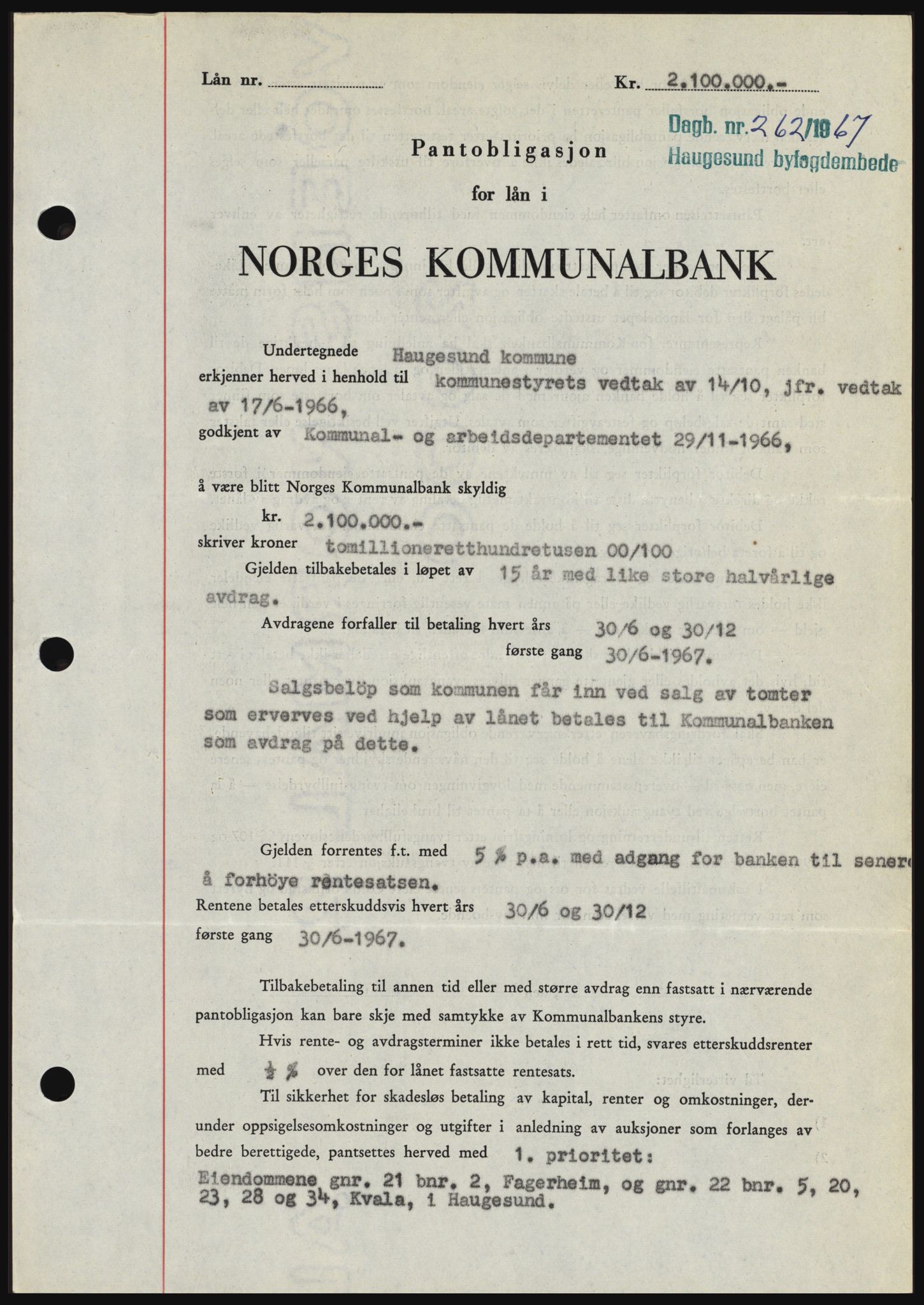 Haugesund tingrett, SAST/A-101415/01/II/IIC/L0056: Mortgage book no. B 56, 1966-1967, Diary no: : 262/1967