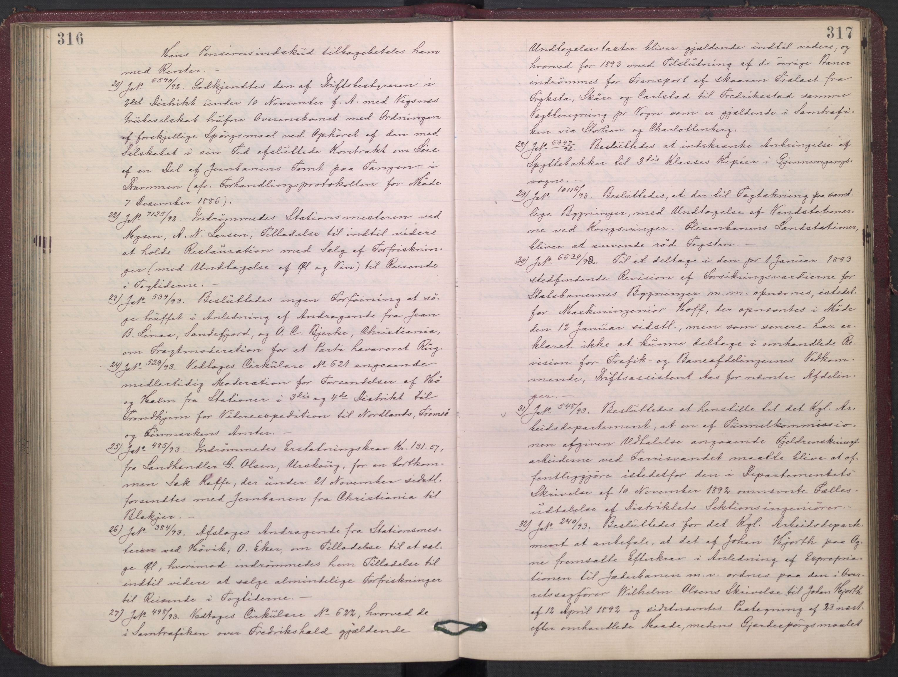 Norges statsbaner, Administrasjons- økonomi- og personalavdelingen, AV/RA-S-3412/A/Aa/L0002: Forhandlingsprotokoll, 1891-1893, p. 316-317