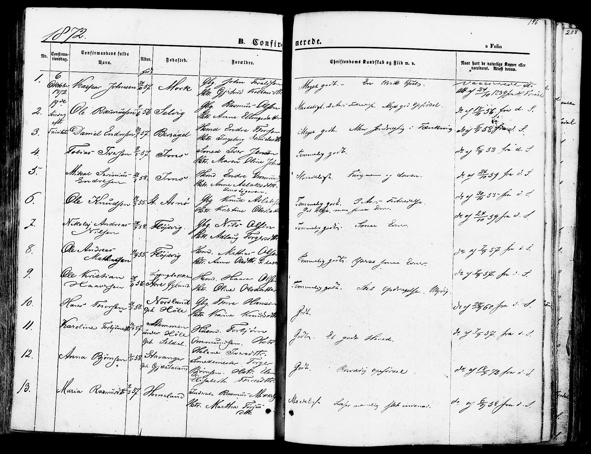 Høgsfjord sokneprestkontor, AV/SAST-A-101624/H/Ha/Haa/L0002: Parish register (official) no. A 2, 1855-1885, p. 196