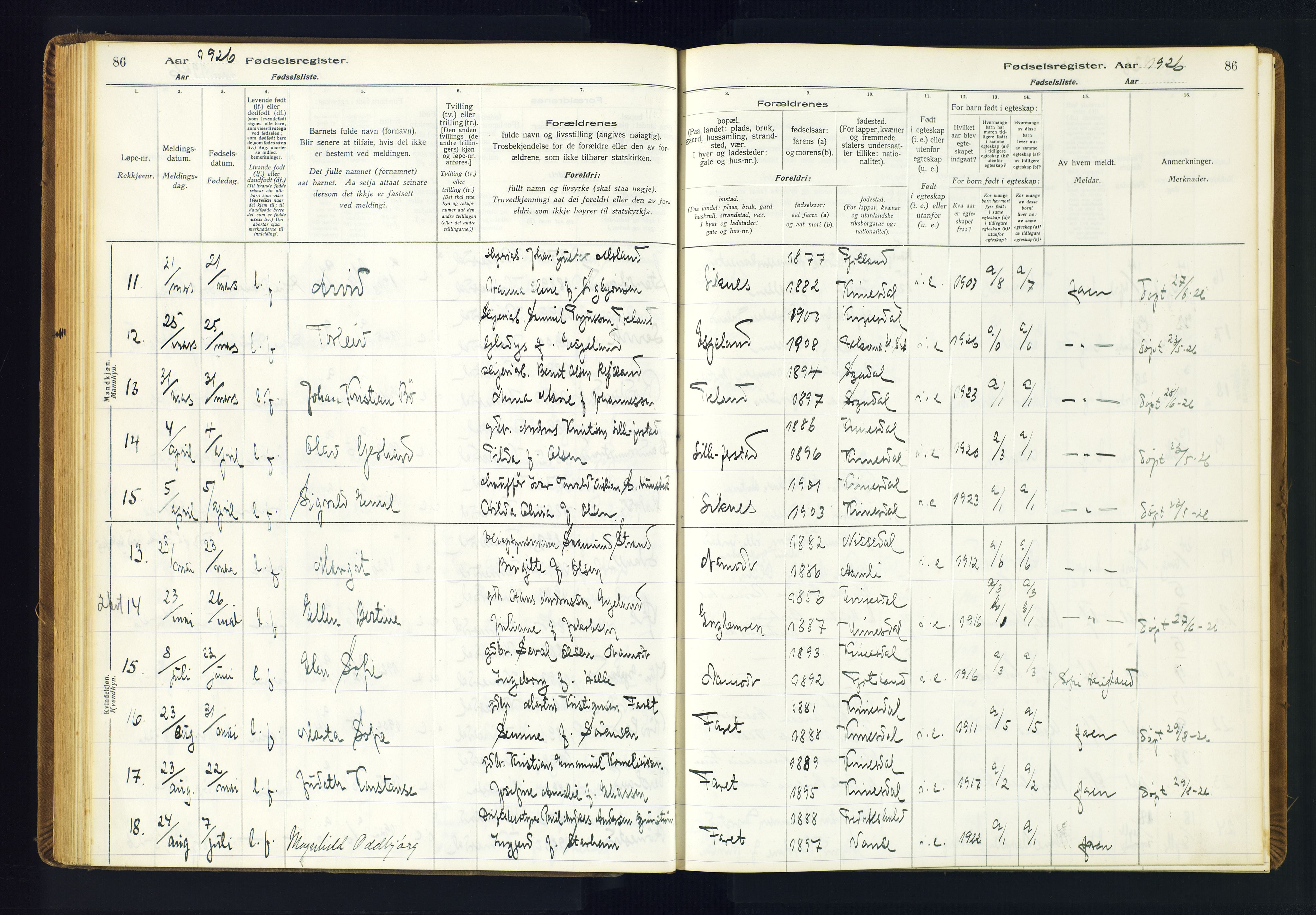 Kvinesdal sokneprestkontor, AV/SAK-1111-0026/J/Ja/L0001: Birth register no. 1, 1916-1941, p. 86