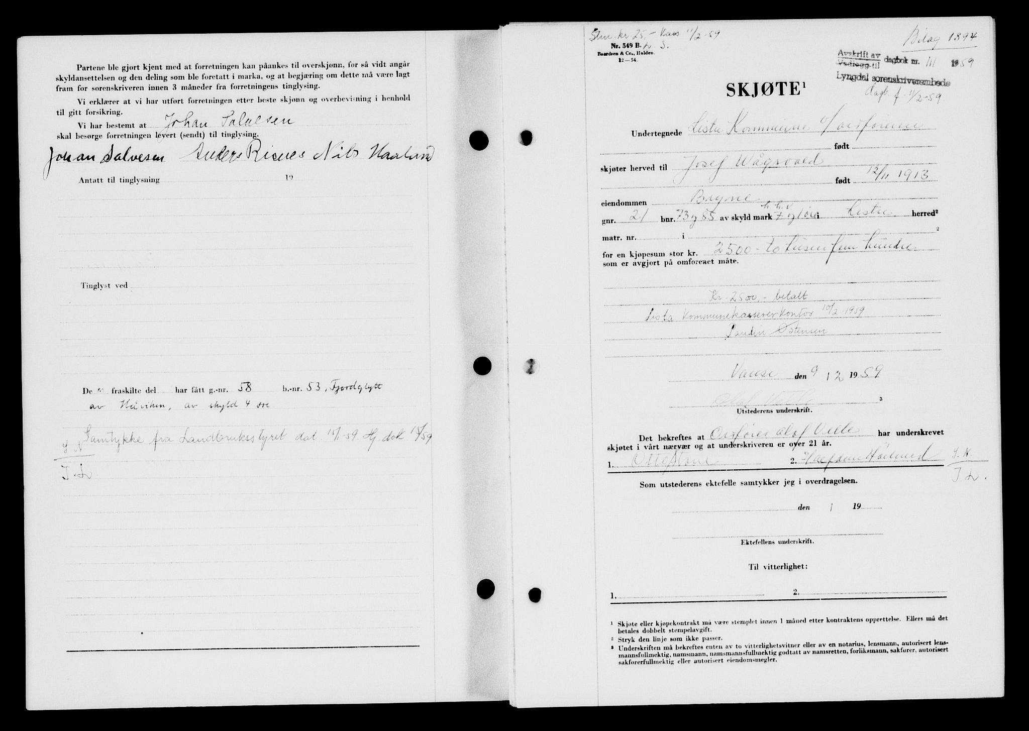 Lyngdal sorenskriveri, AV/SAK-1221-0004/G/Gb/L0678: Mortgage book no. A XXIV, 1958-1959, Diary no: : 111/1959