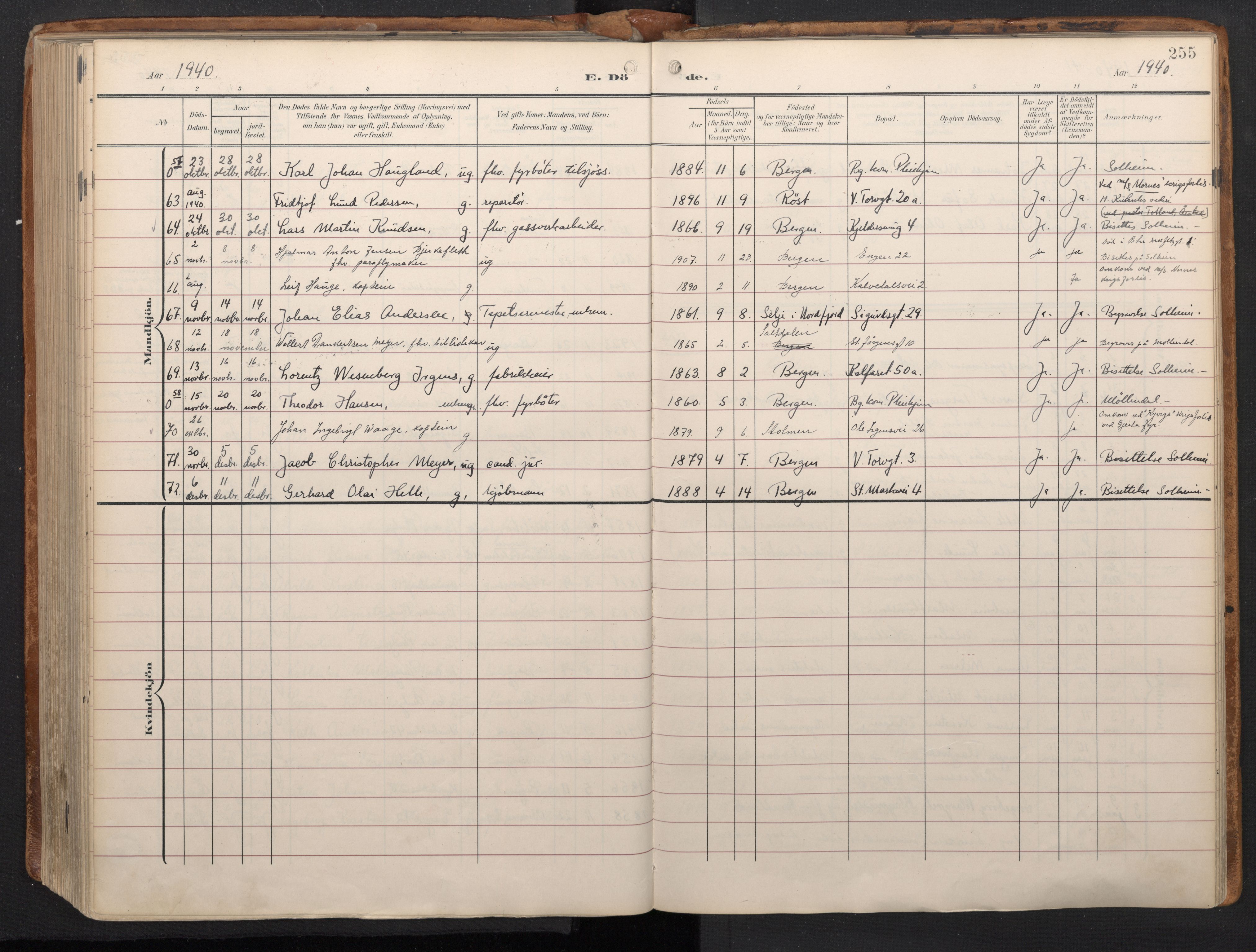 Domkirken sokneprestembete, AV/SAB-A-74801/H/Haa/L0044: Parish register (official) no. E 6, 1904-1946, p. 254b-255a