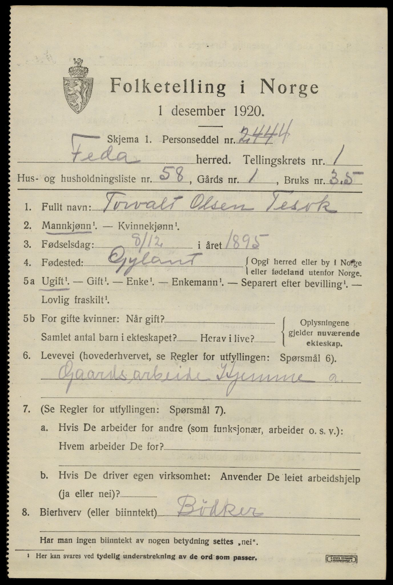 SAK, 1920 census for Feda, 1920, p. 939