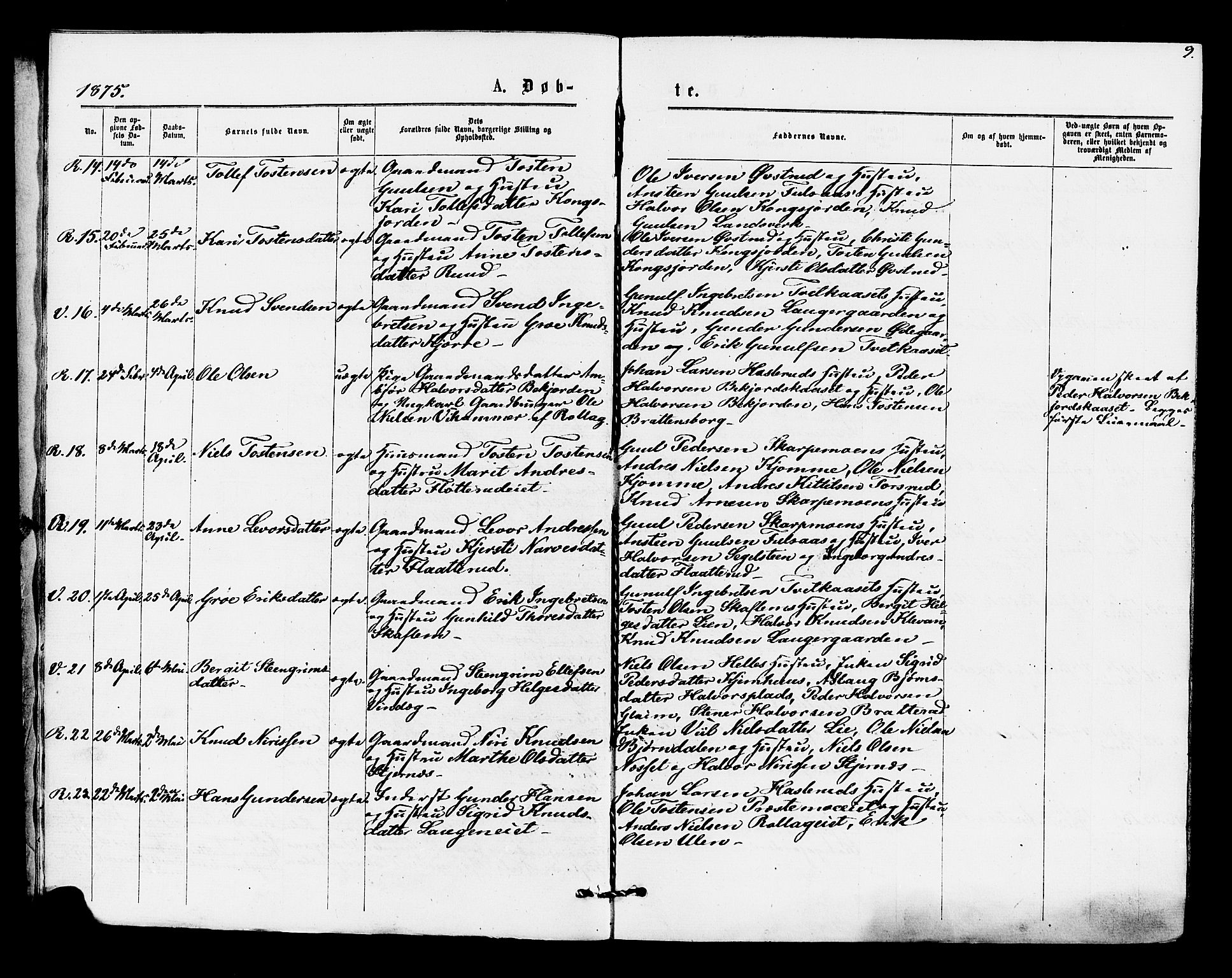 Rollag kirkebøker, AV/SAKO-A-240/F/Fa/L0010: Parish register (official) no. I 10, 1874-1877, p. 9