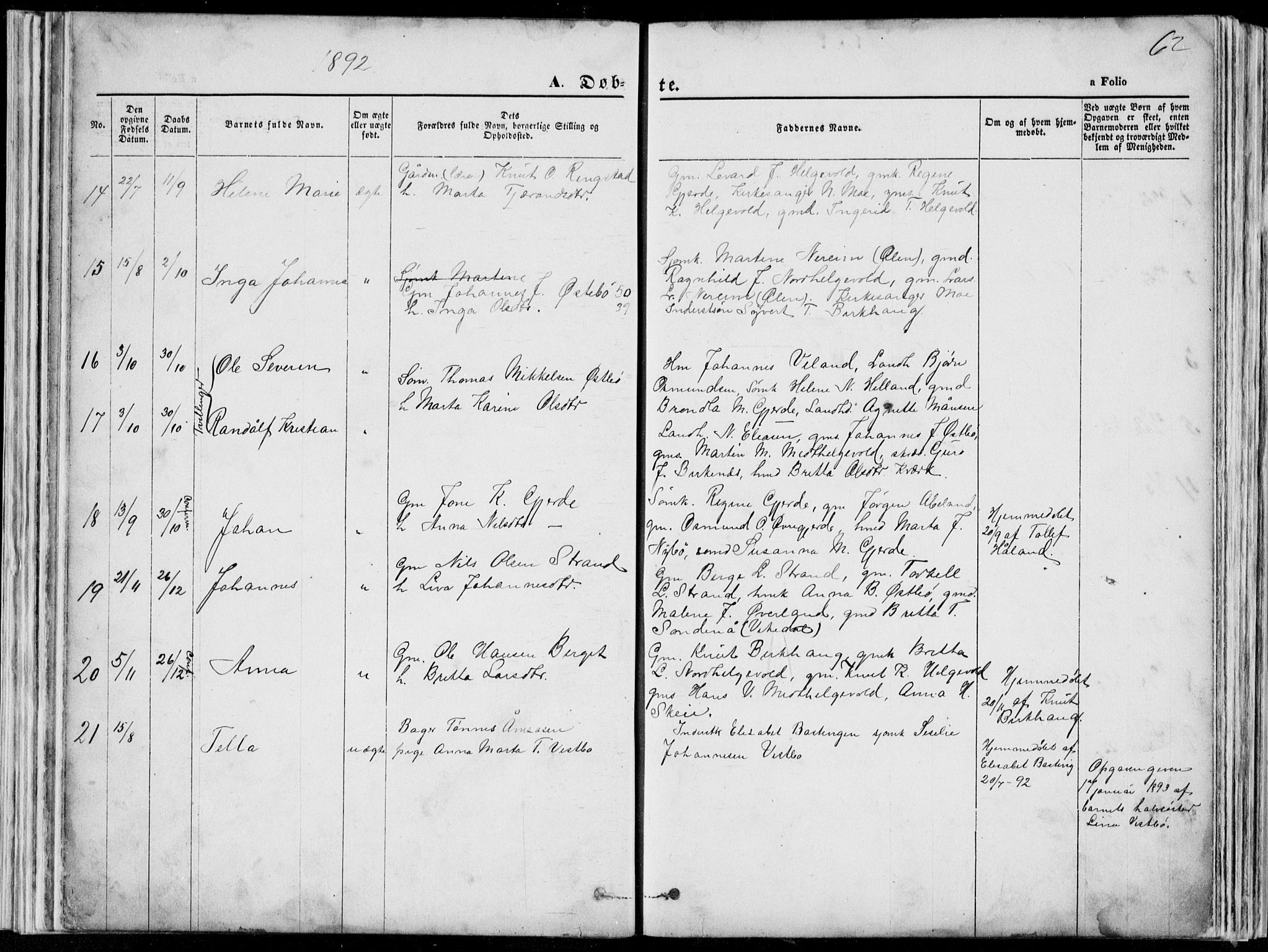 Vikedal sokneprestkontor, SAST/A-101840/01/V: Parish register (copy) no. B 10, 1864-1926, p. 62