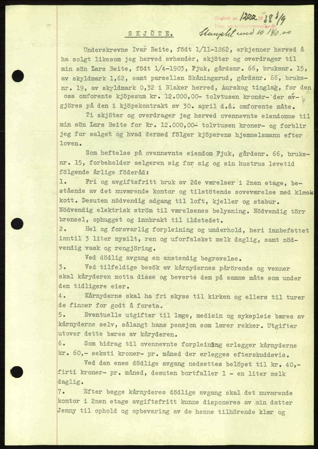 Nes tingrett, SAO/A-10548/G/Gb/Gbb/L0006: Mortgage book no. 50, 1938-1938, Diary no: : 1222/1938