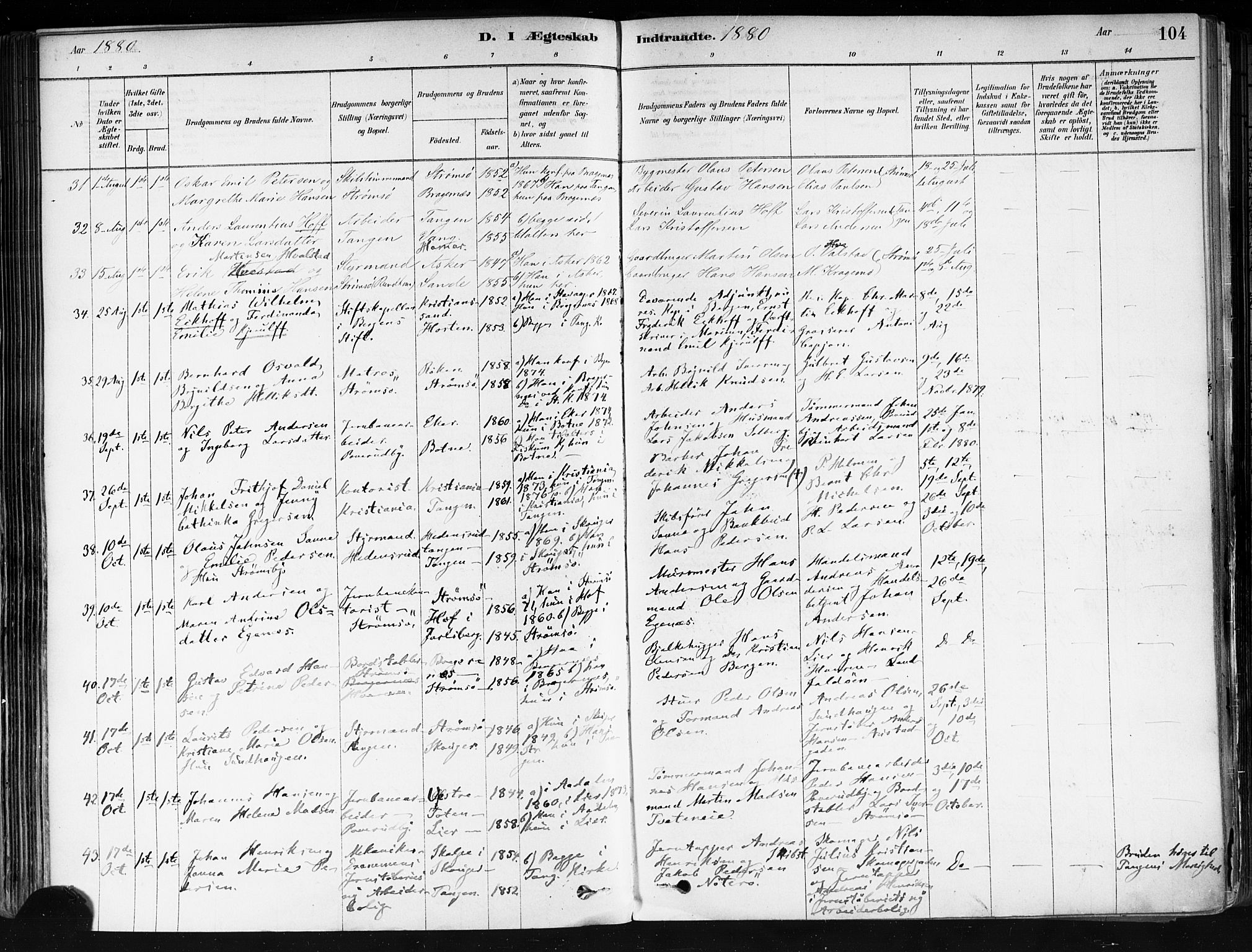 Strømsø kirkebøker, AV/SAKO-A-246/F/Fa/L0022: Parish register (official) no. I 22, 1879-1899, p. 104