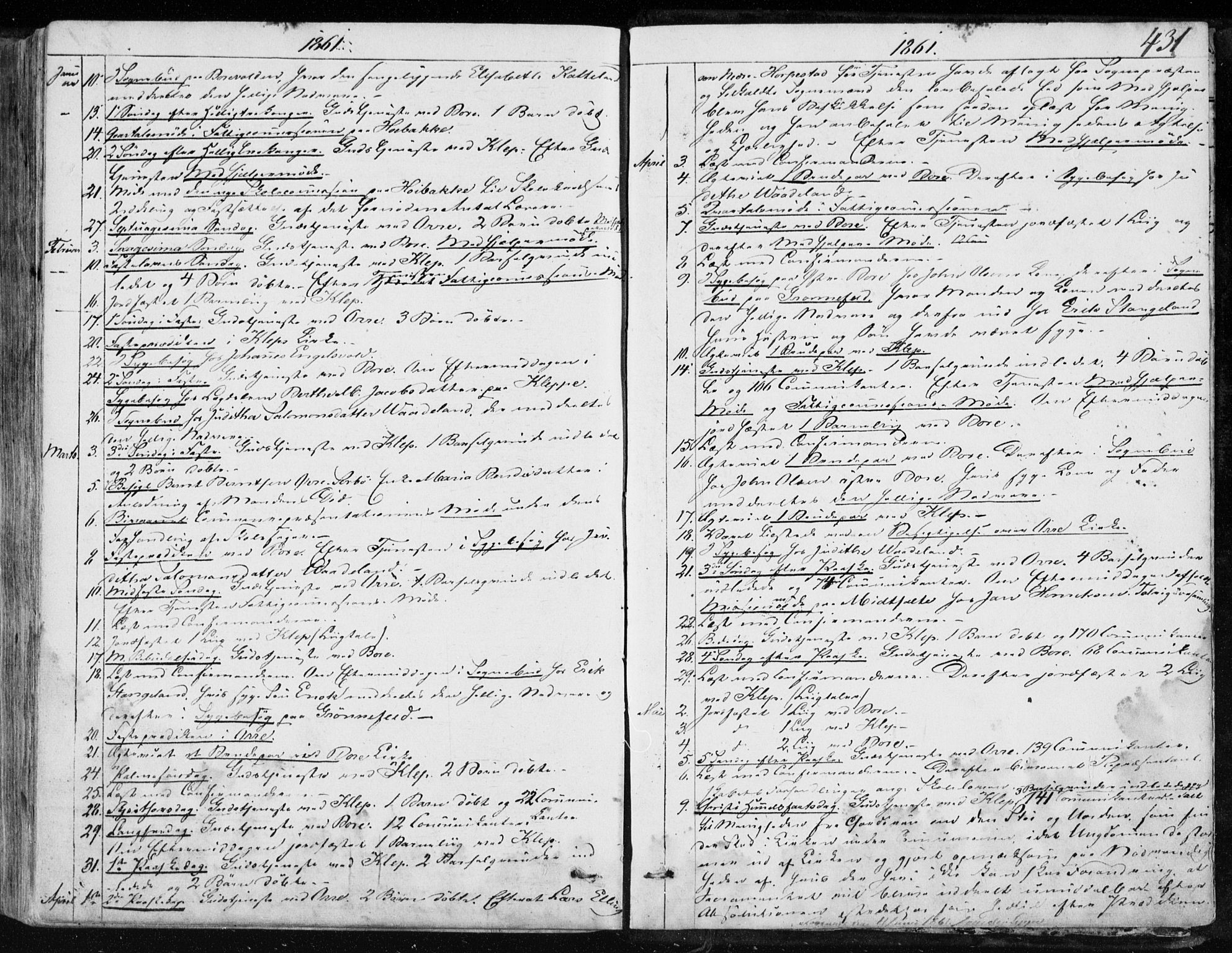 Klepp sokneprestkontor, AV/SAST-A-101803/001/3/30BA/L0005: Parish register (official) no. A 5, 1853-1870, p. 431