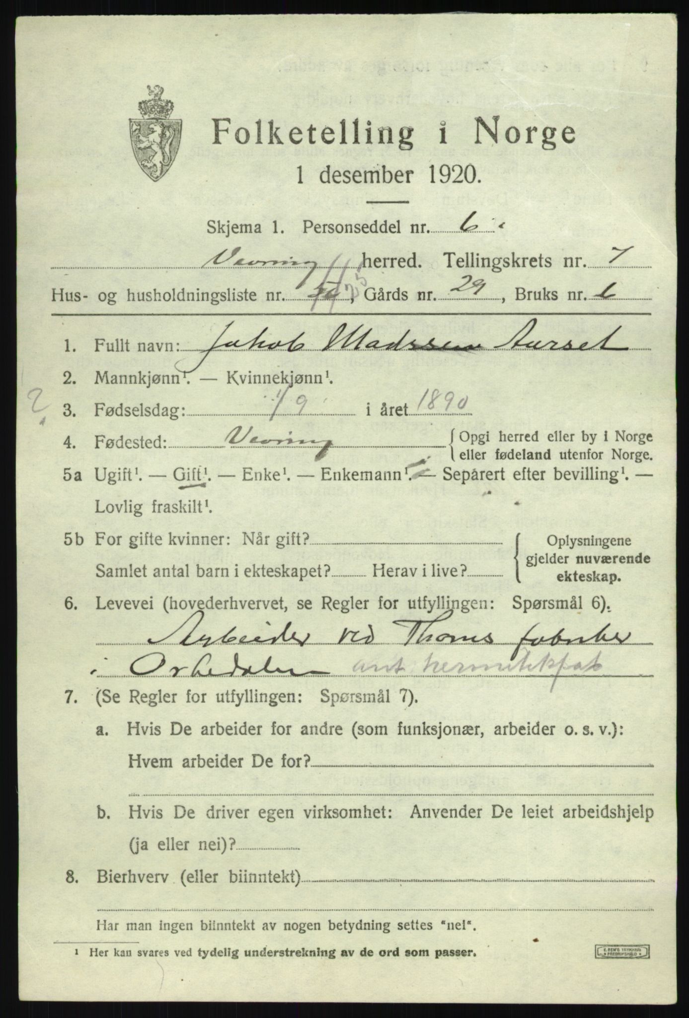 SAB, 1920 census for Vevring, 1920, p. 2254