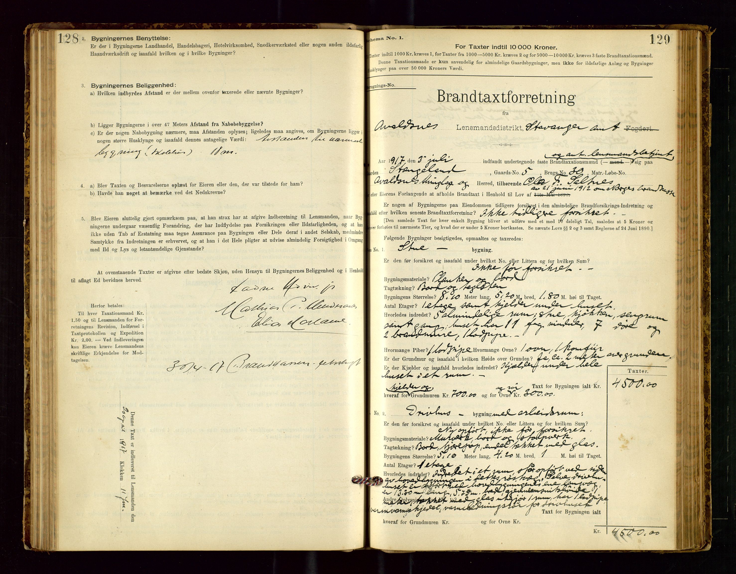 Avaldsnes lensmannskontor, SAST/A-100286/Gob/L0001: "Brandtaxationsprotokol for Avaldsnes Lensmandsdistrikt Ryfylke Fogderi", 1894-1925, p. 128-129
