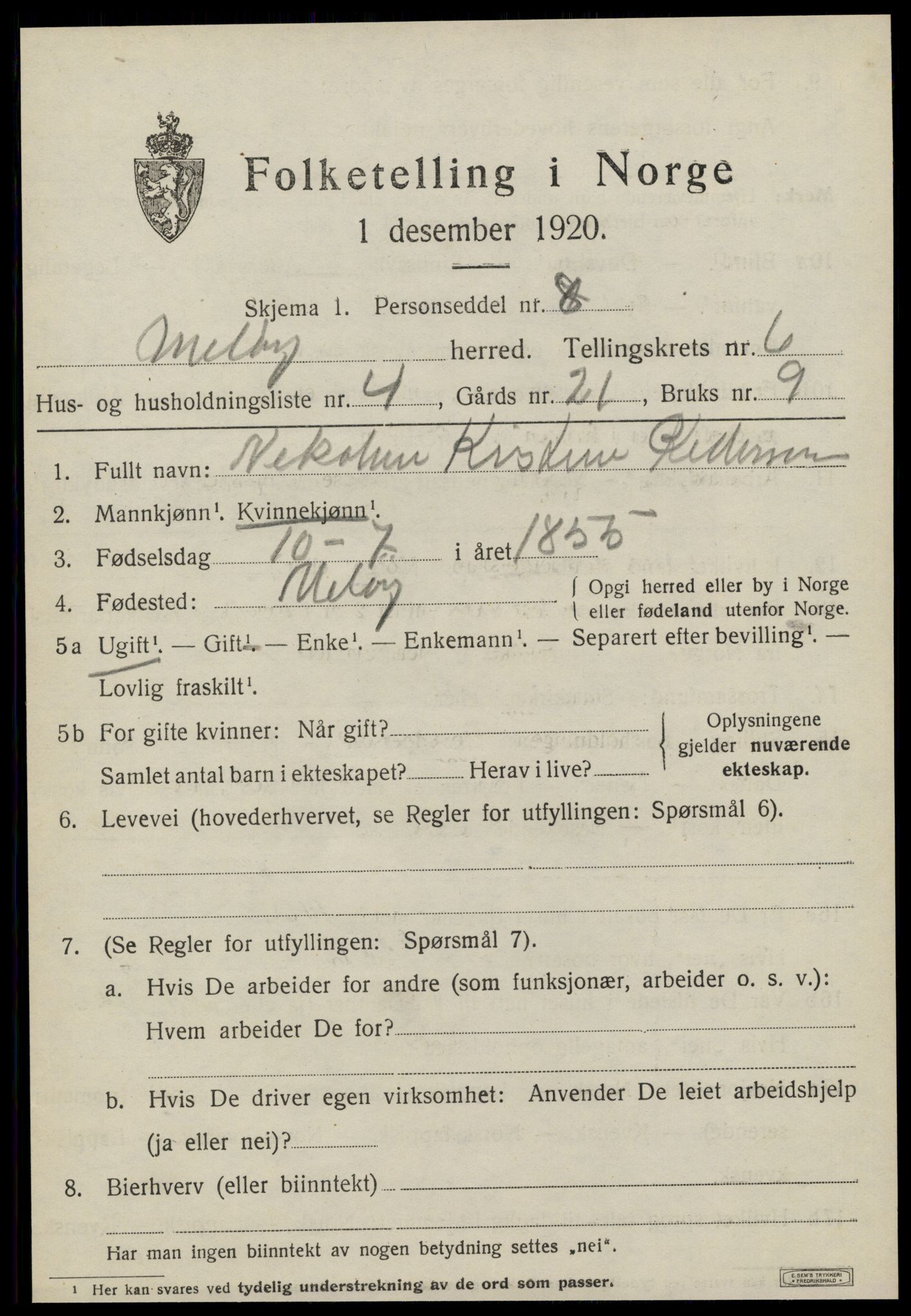 SAT, 1920 census for Meløy, 1920, p. 3449