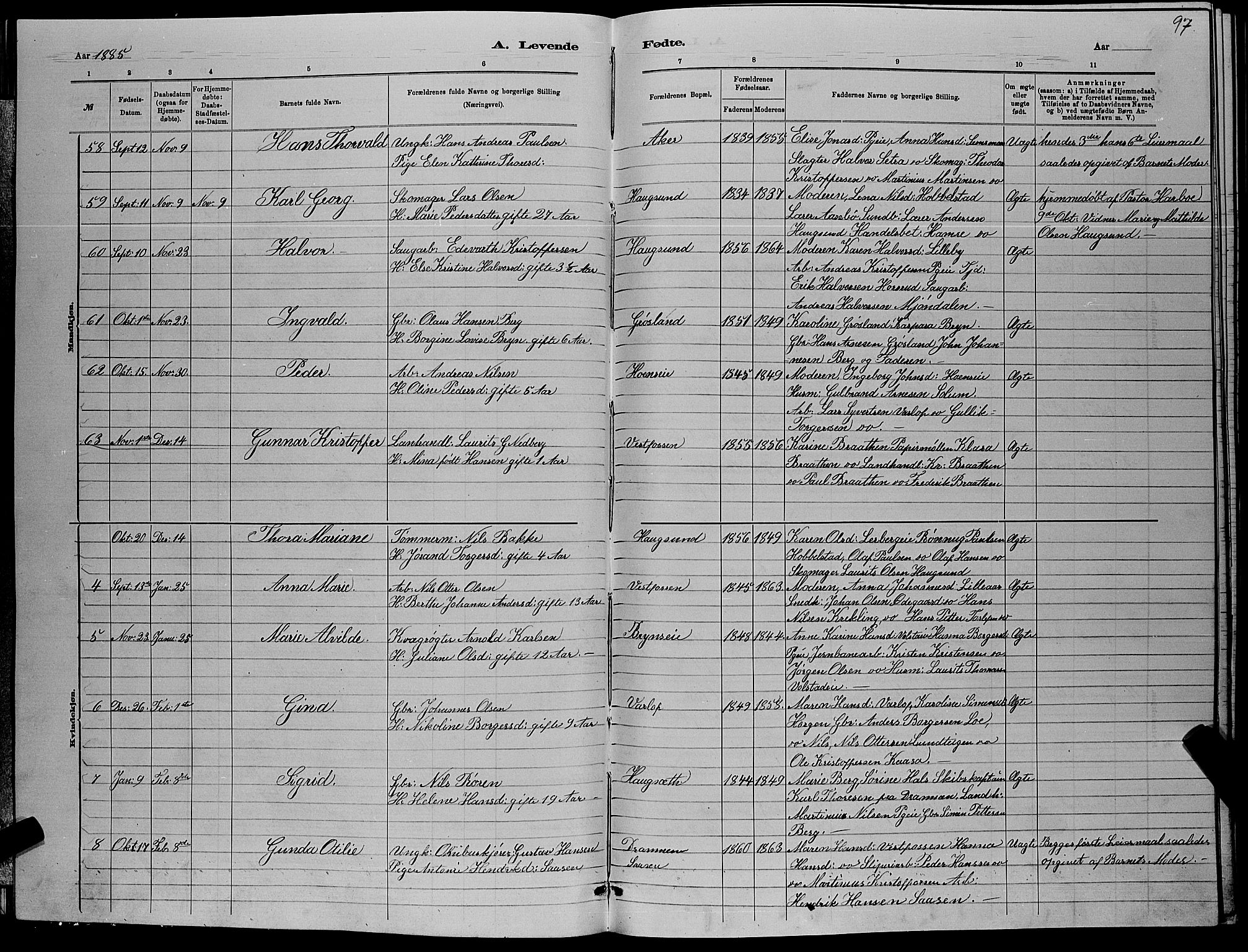 Eiker kirkebøker, AV/SAKO-A-4/G/Ga/L0005: Parish register (copy) no. I 5, 1878-1887, p. 97