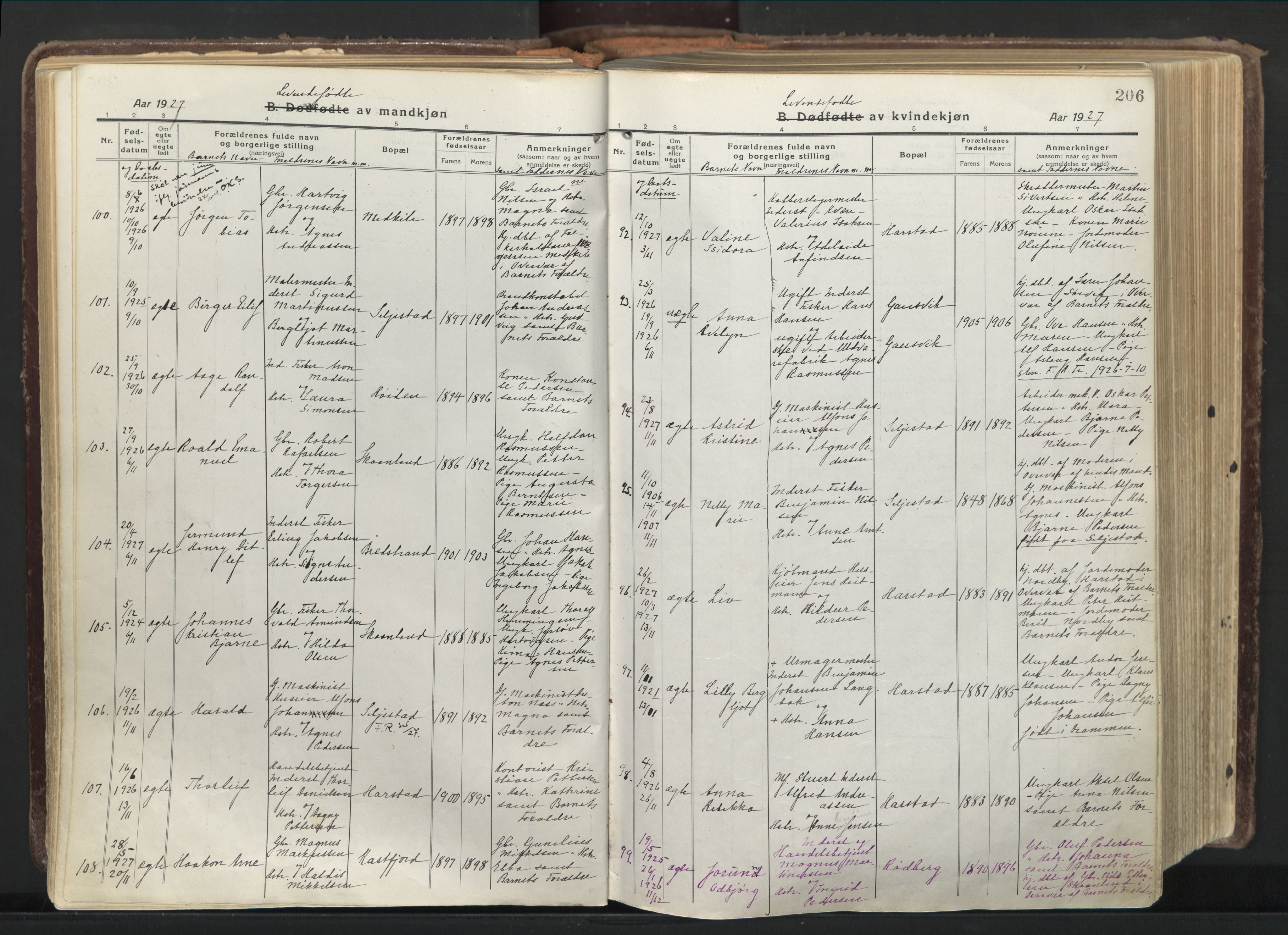 Trondenes sokneprestkontor, AV/SATØ-S-1319/H/Ha/L0019kirke: Parish register (official) no. 19, 1919-1928, p. 206