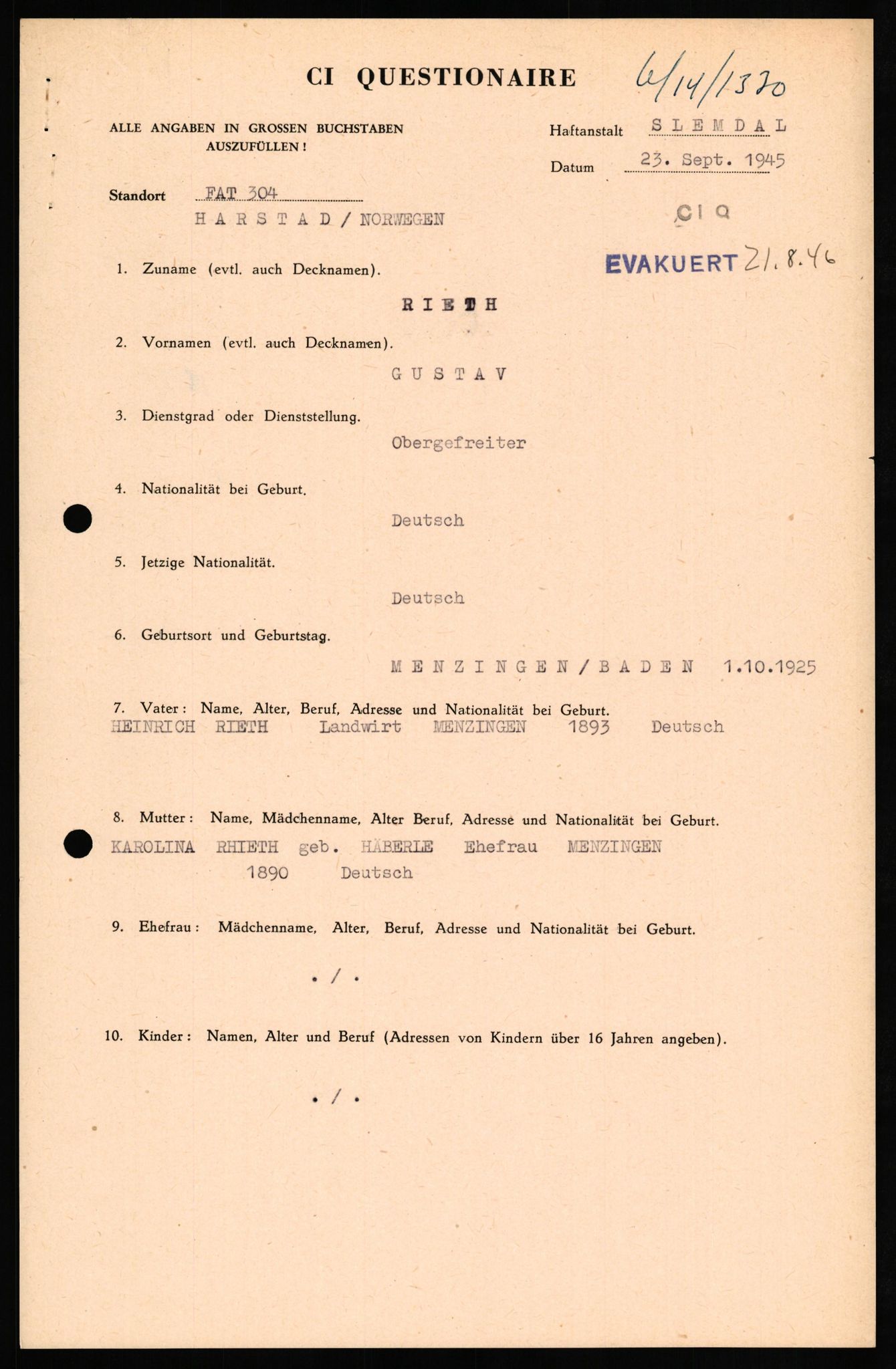 Forsvaret, Forsvarets overkommando II, AV/RA-RAFA-3915/D/Db/L0027: CI Questionaires. Tyske okkupasjonsstyrker i Norge. Tyskere., 1945-1946, p. 395