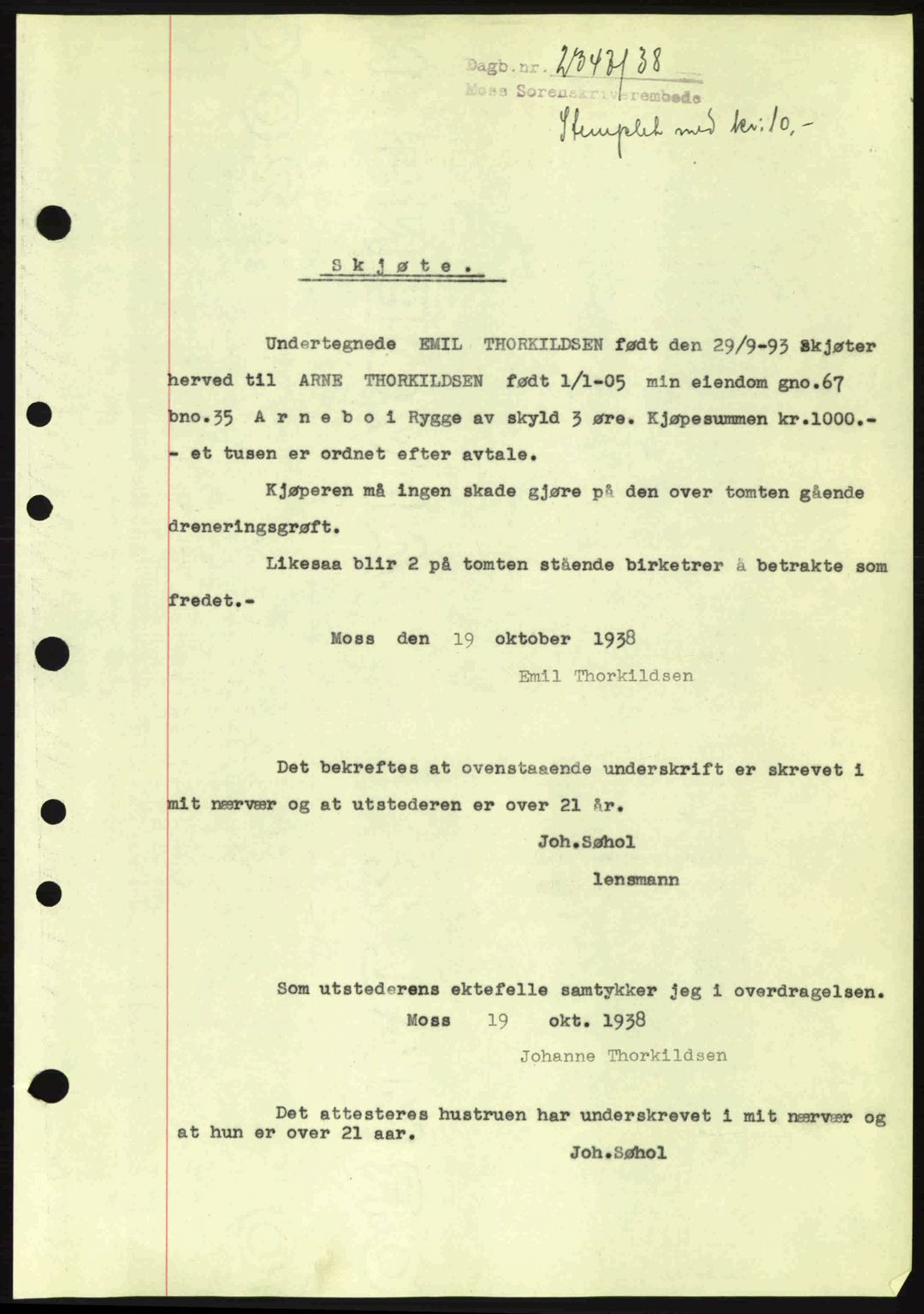 Moss sorenskriveri, SAO/A-10168: Mortgage book no. A5, 1938-1939, Diary no: : 2347/1938