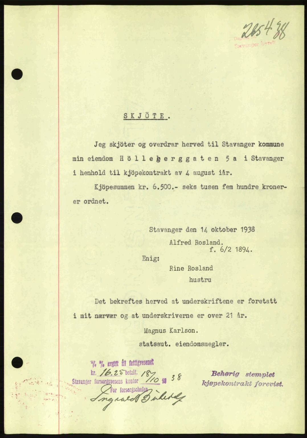 Stavanger byrett, SAST/A-100455/002/G/Gb/L0014: Mortgage book no. A4, 1938-1939, Diary no: : 2654/1938
