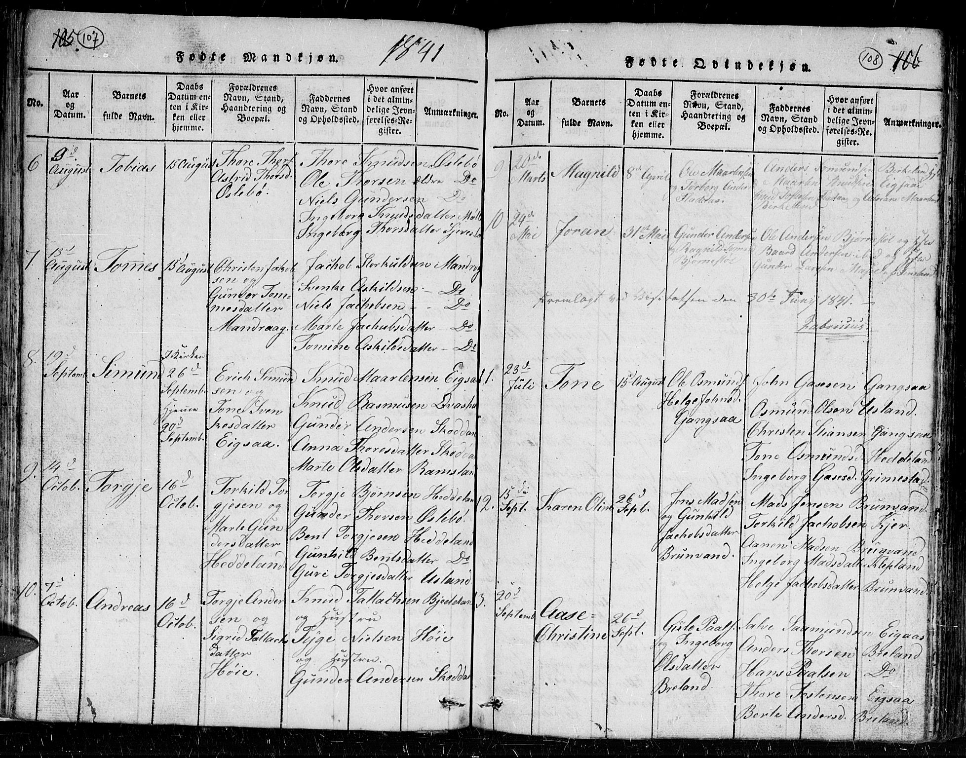 Holum sokneprestkontor, AV/SAK-1111-0022/F/Fb/Fbc/L0001: Parish register (copy) no. B 1, 1820-1859, p. 107-108