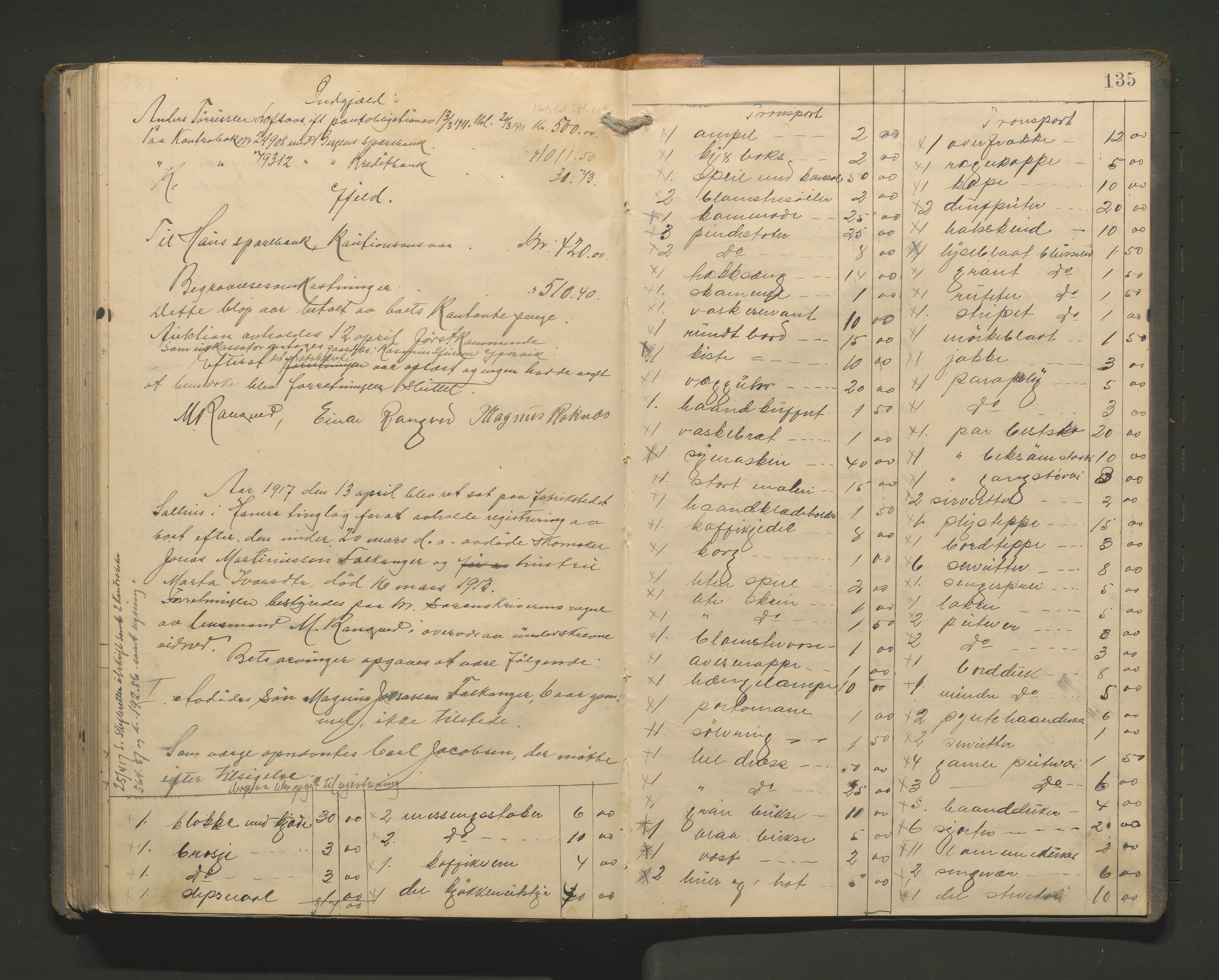 Lensmannen i Hamre, SAB/A-32601/0006/L0003: Registreringsprotokoll, 1904-1917, p. 134b-135a