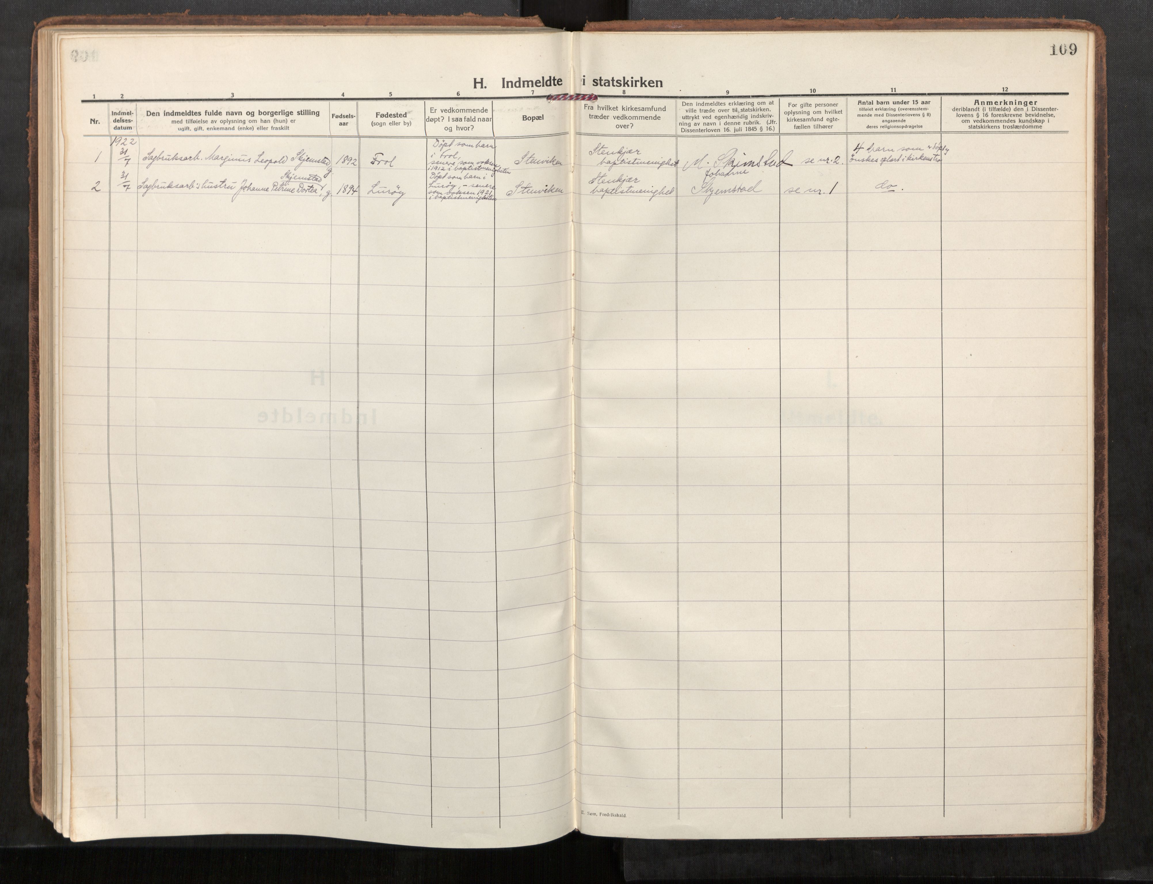 Steinkjer sokneprestkontor, AV/SAT-A-1541/01/H/Ha/Haa/L0004: Parish register (official) no. 4, 1918-1924, p. 109