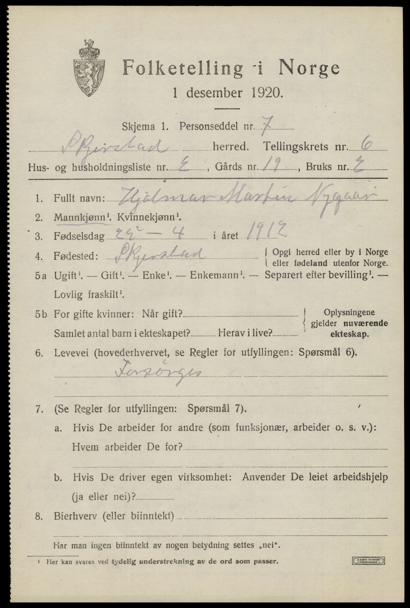 SAT, 1920 census for Skjerstad, 1920, p. 2167