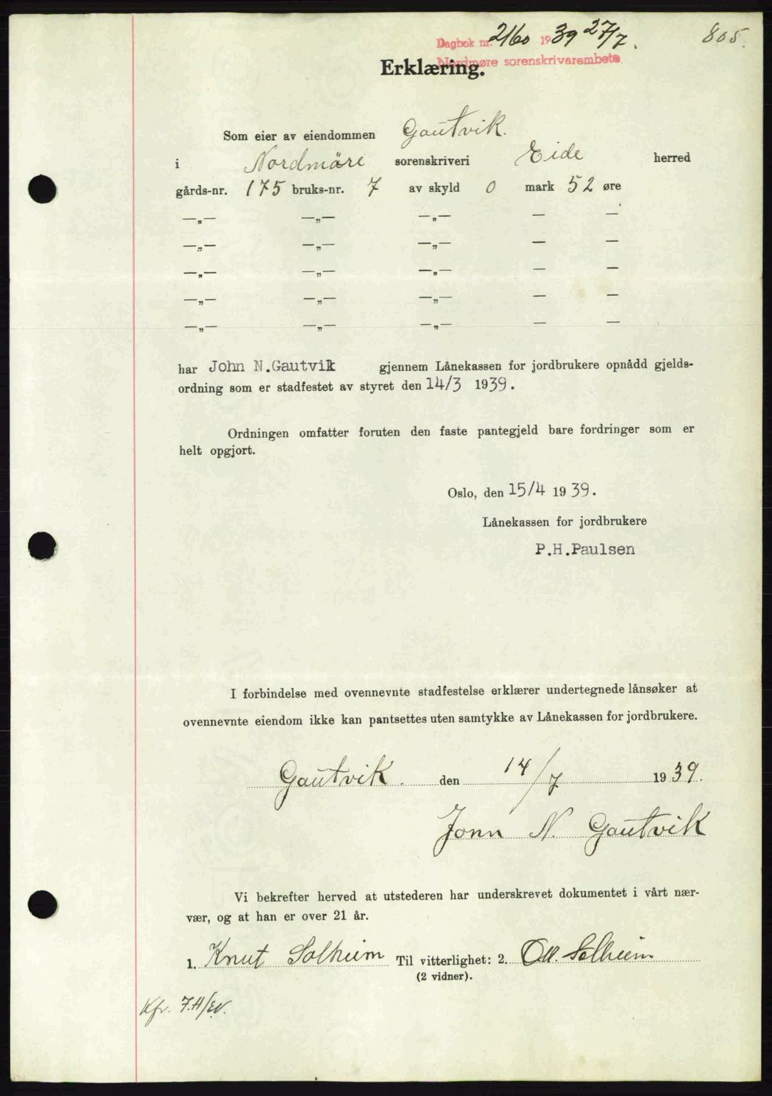 Nordmøre sorenskriveri, AV/SAT-A-4132/1/2/2Ca: Mortgage book no. B85, 1939-1939, Diary no: : 2160/1939