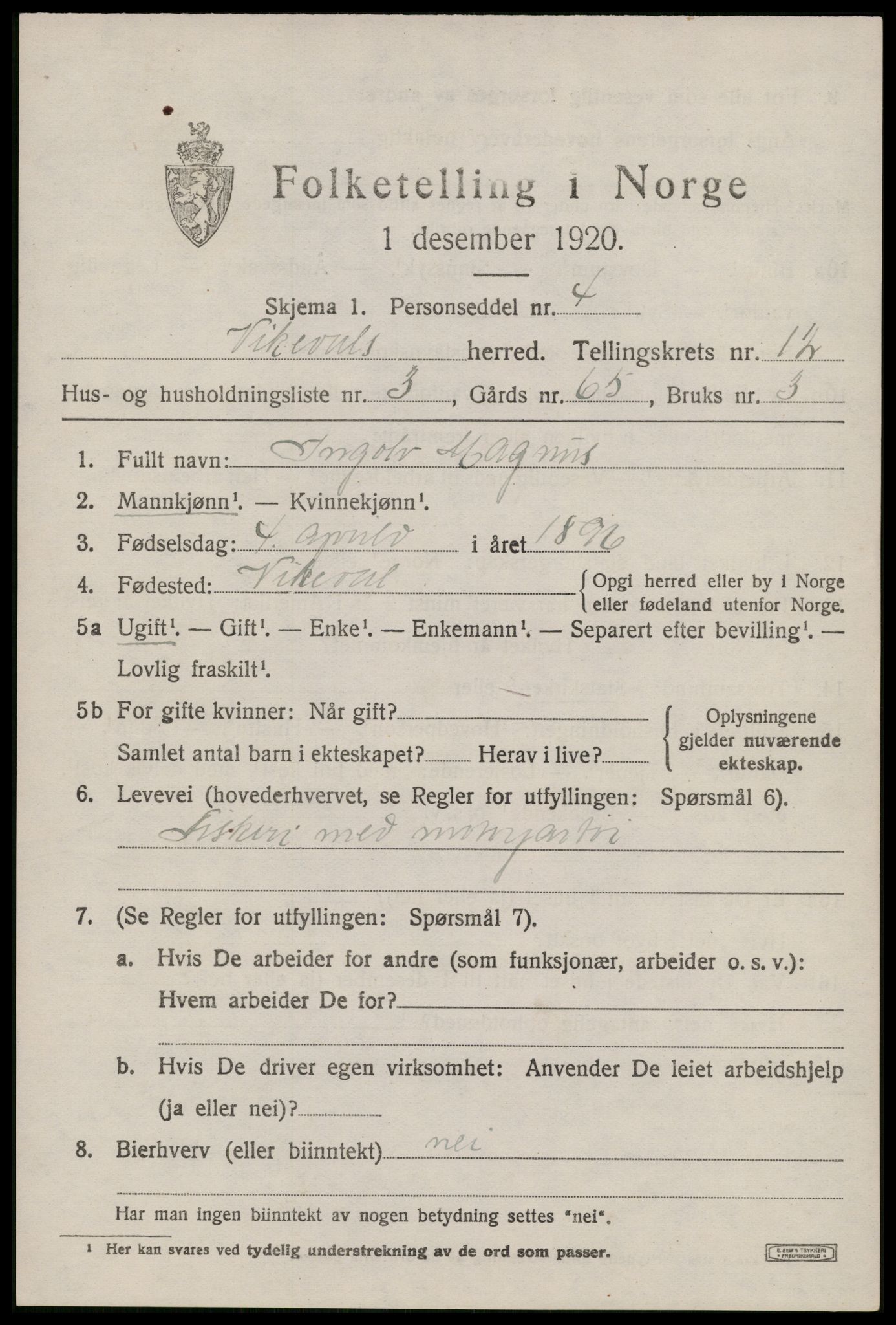 SAST, 1920 census for Vikedal, 1920, p. 3785