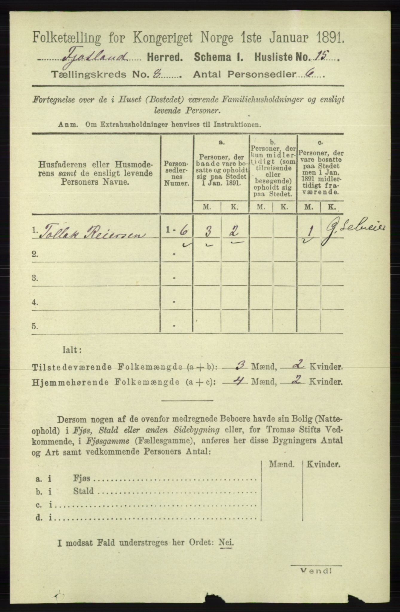 RA, 1891 census for 1036 Fjotland, 1891, p. 1185