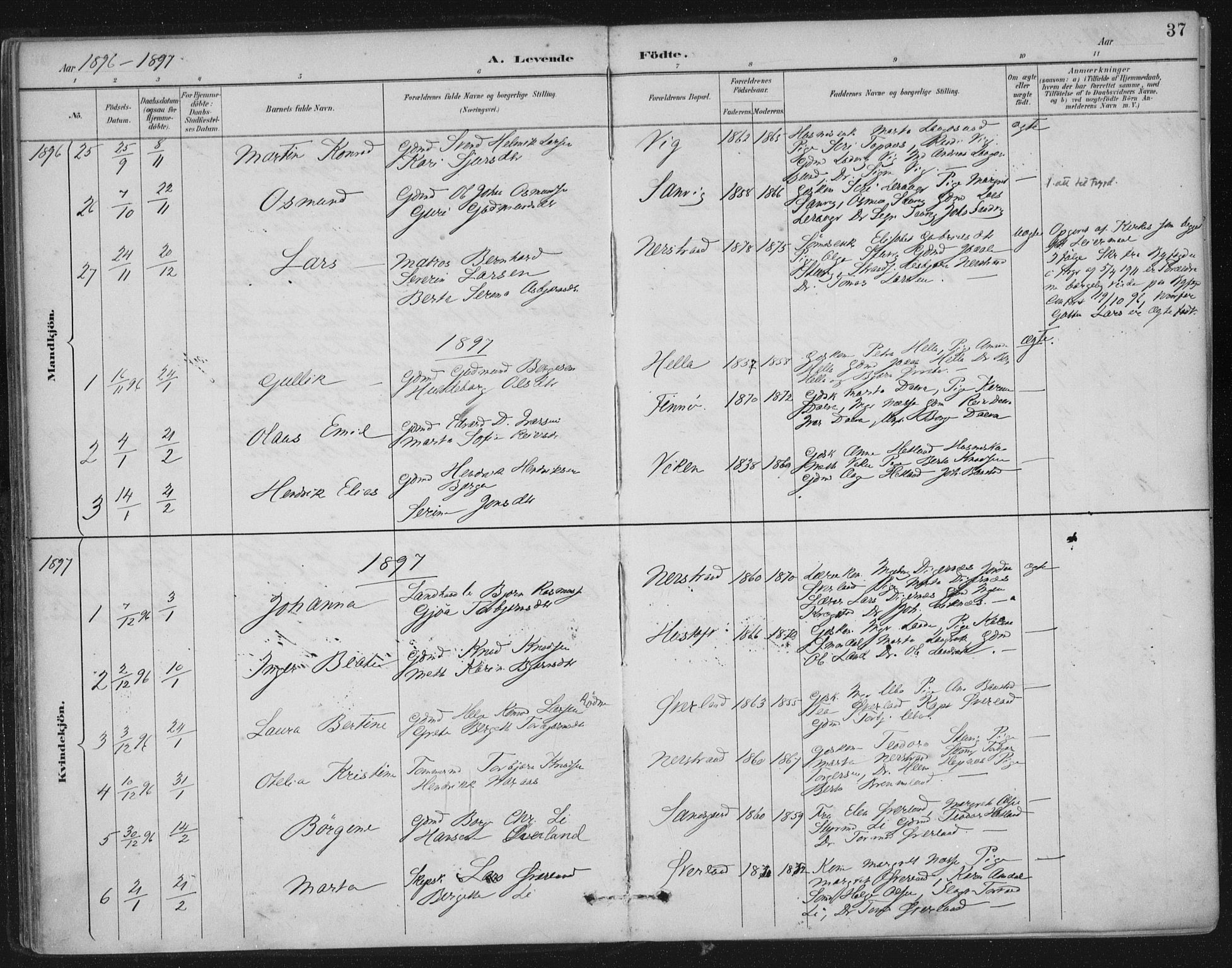 Nedstrand sokneprestkontor, SAST/A-101841/01/IV: Parish register (official) no. A 12, 1887-1915, p. 37