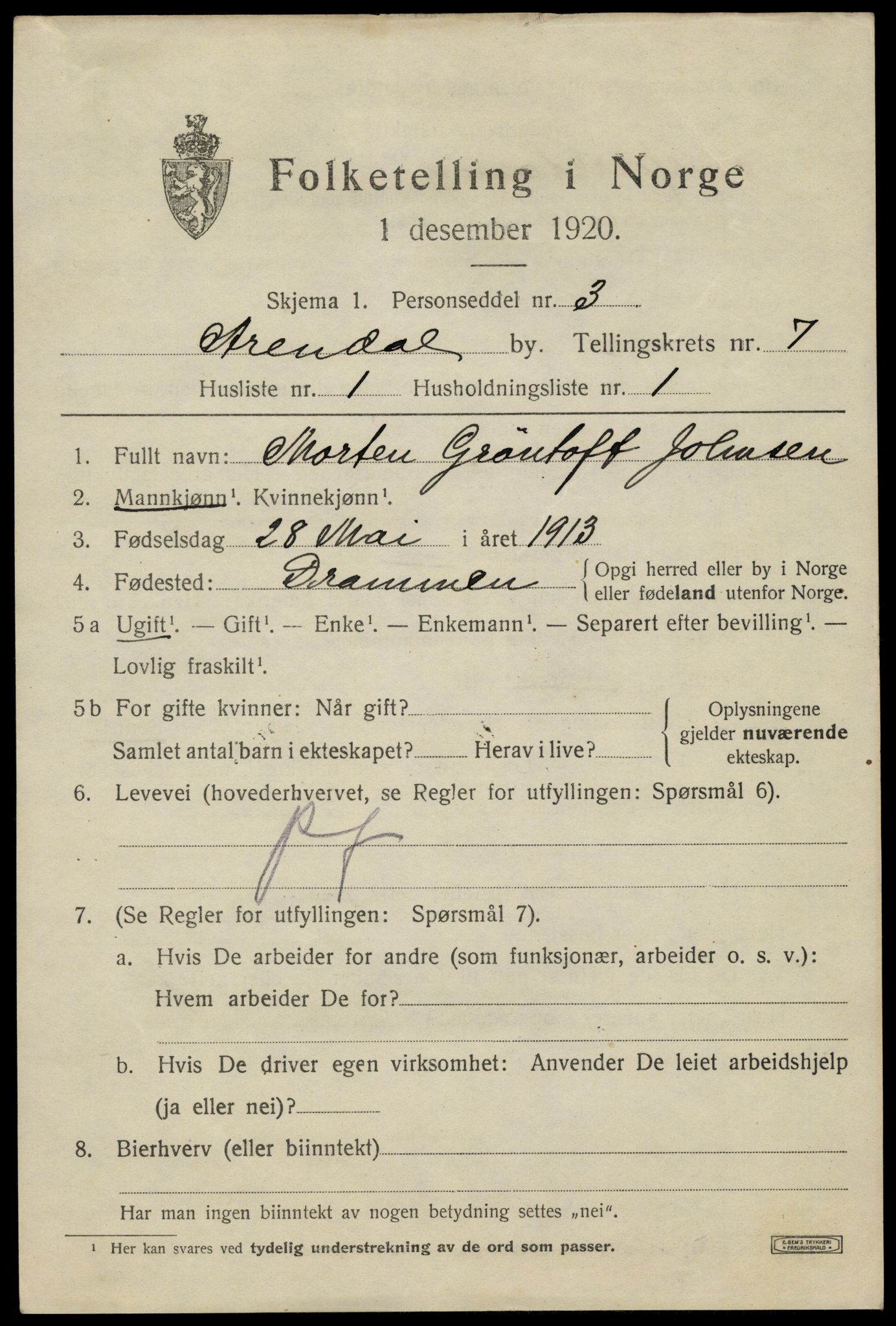 SAK, 1920 census for Arendal, 1920, p. 14460