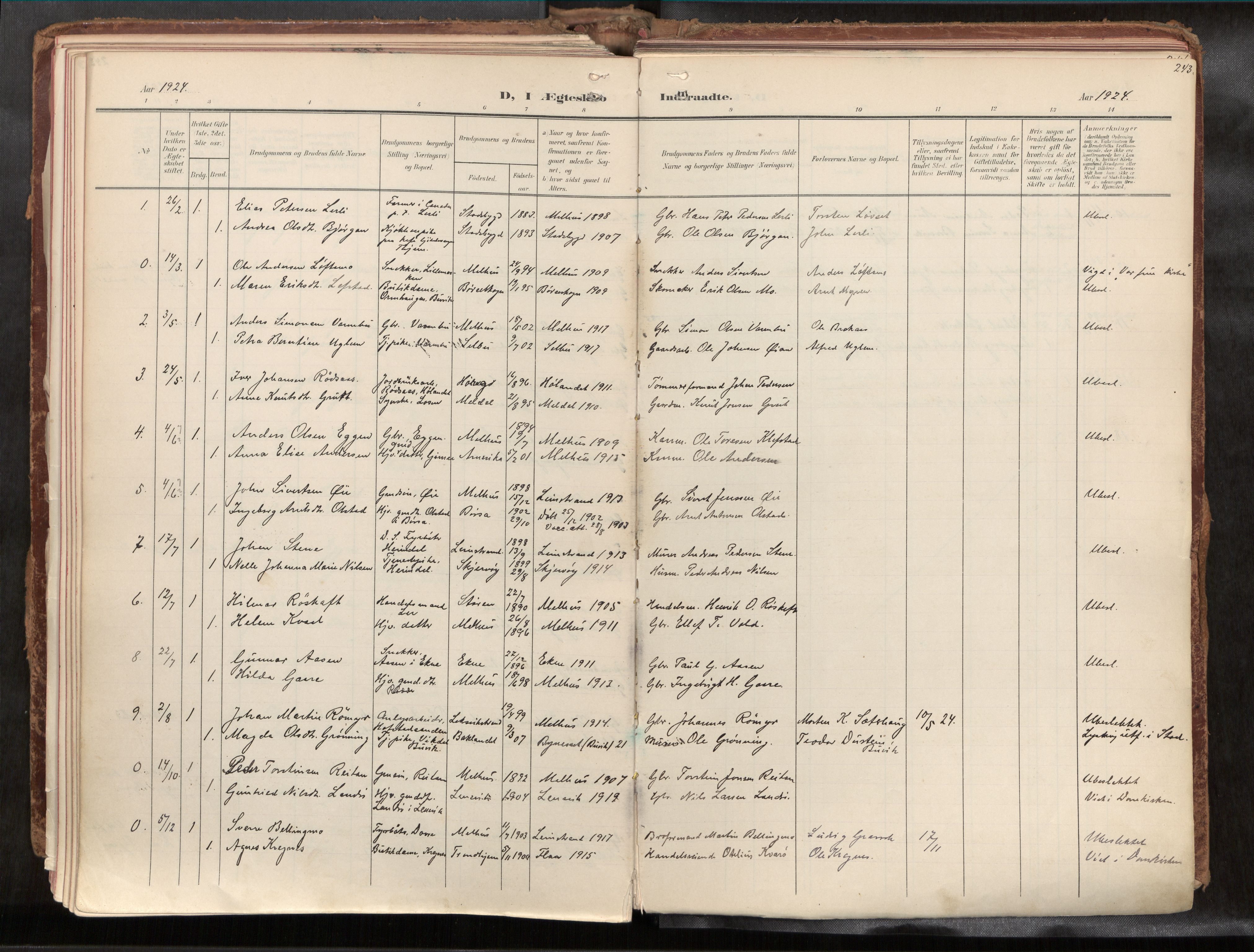 Ministerialprotokoller, klokkerbøker og fødselsregistre - Sør-Trøndelag, SAT/A-1456/691/L1085b: Parish register (official) no. 691A18, 1908-1930, p. 243