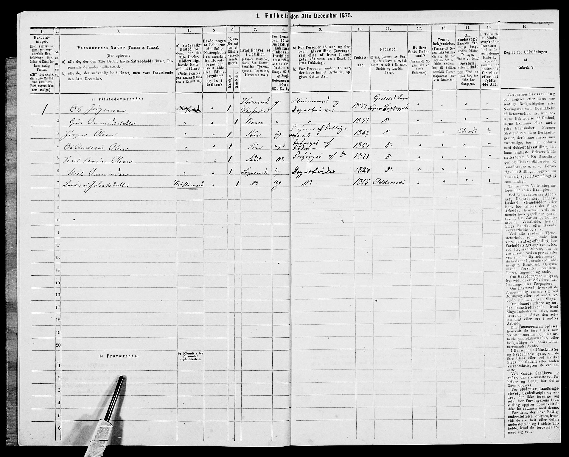 SAK, 1875 census for 1018P Søgne, 1875, p. 1116