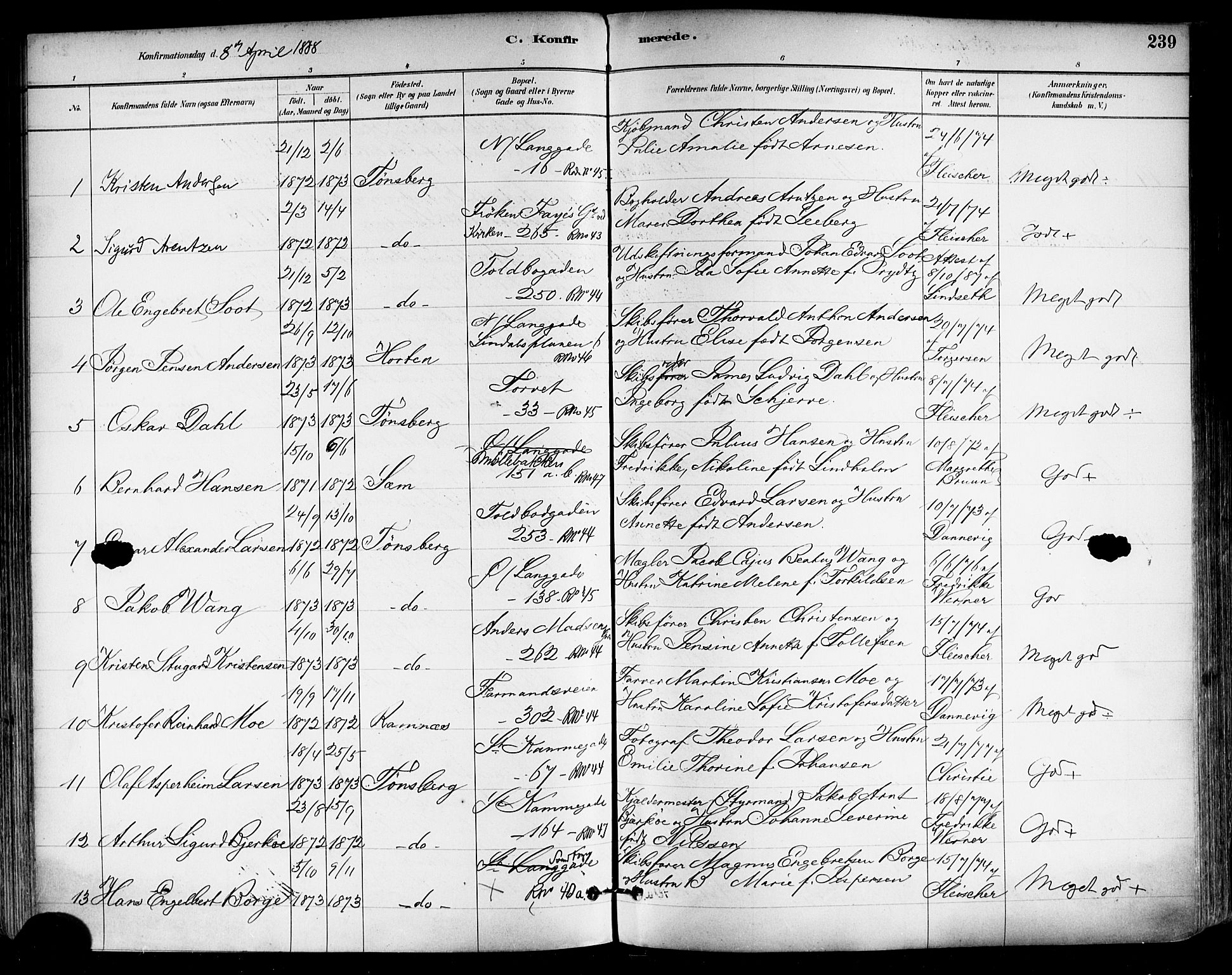 Tønsberg kirkebøker, AV/SAKO-A-330/F/Fa/L0011: Parish register (official) no. I 11, 1881-1890, p. 239