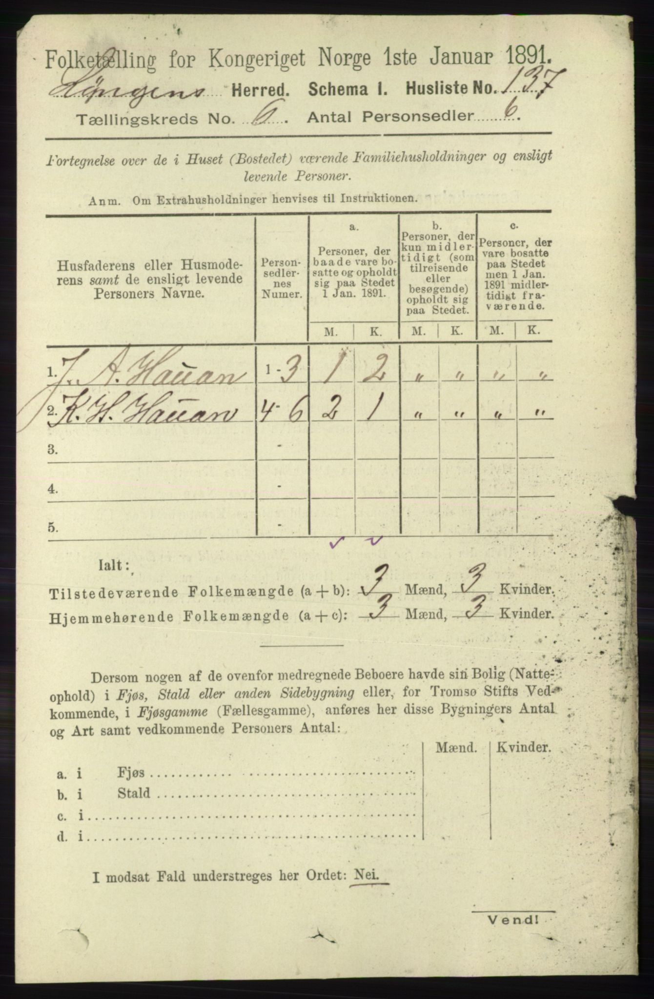 RA, 1891 census for 1938 Lyngen, 1891, p. 5224