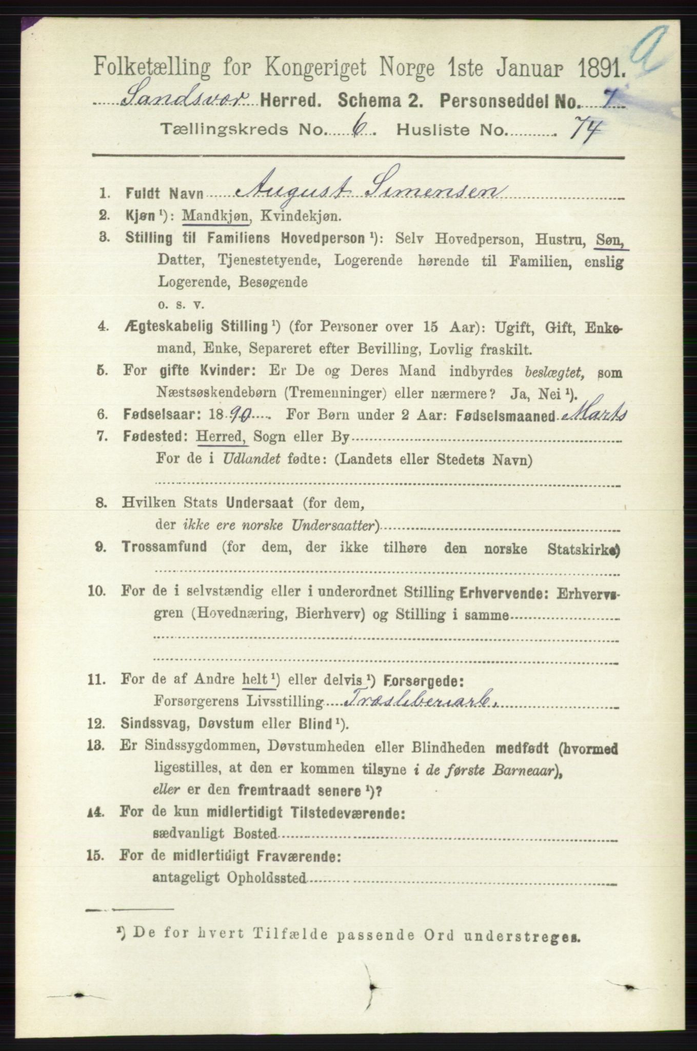 RA, 1891 census for 0629 Sandsvær, 1891, p. 3873